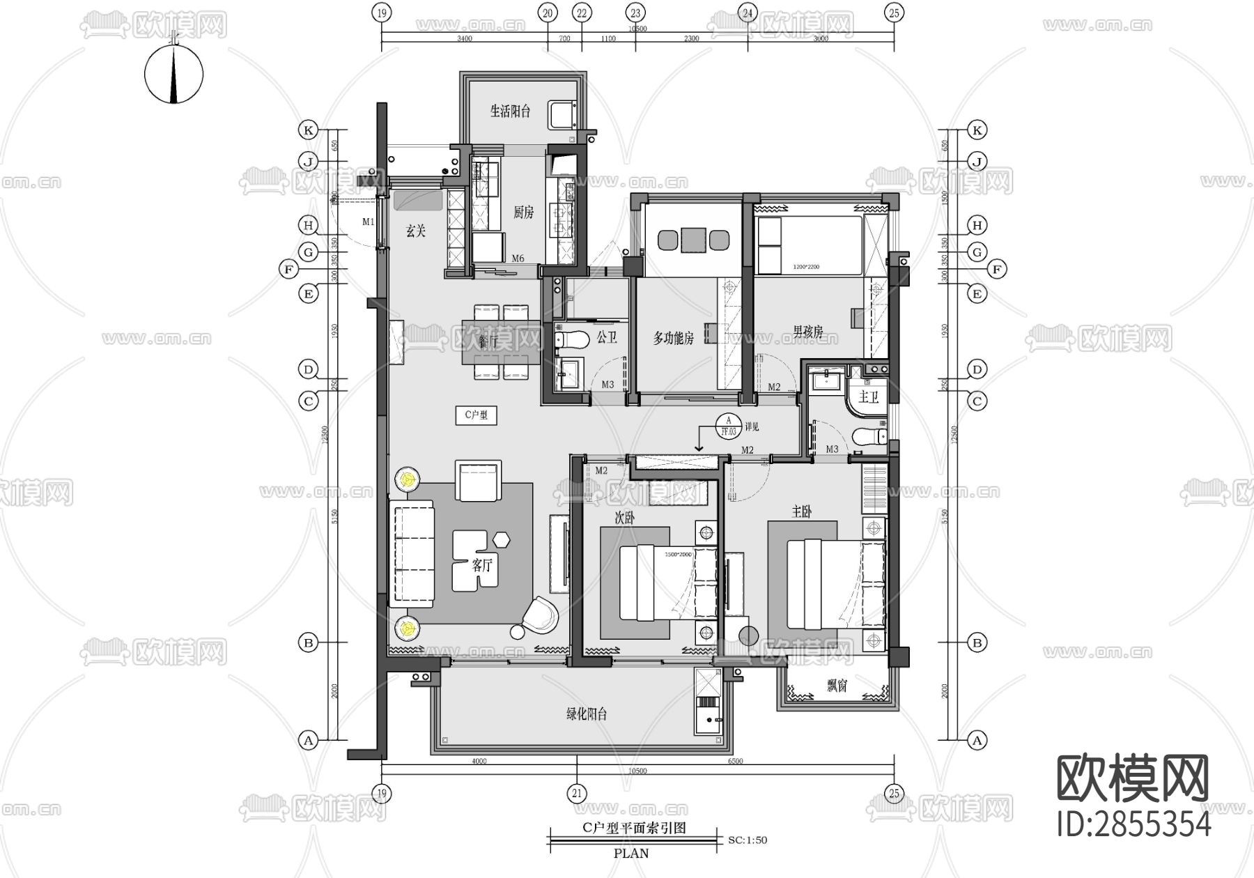 家装平层cad施工图下载（渲染图2）