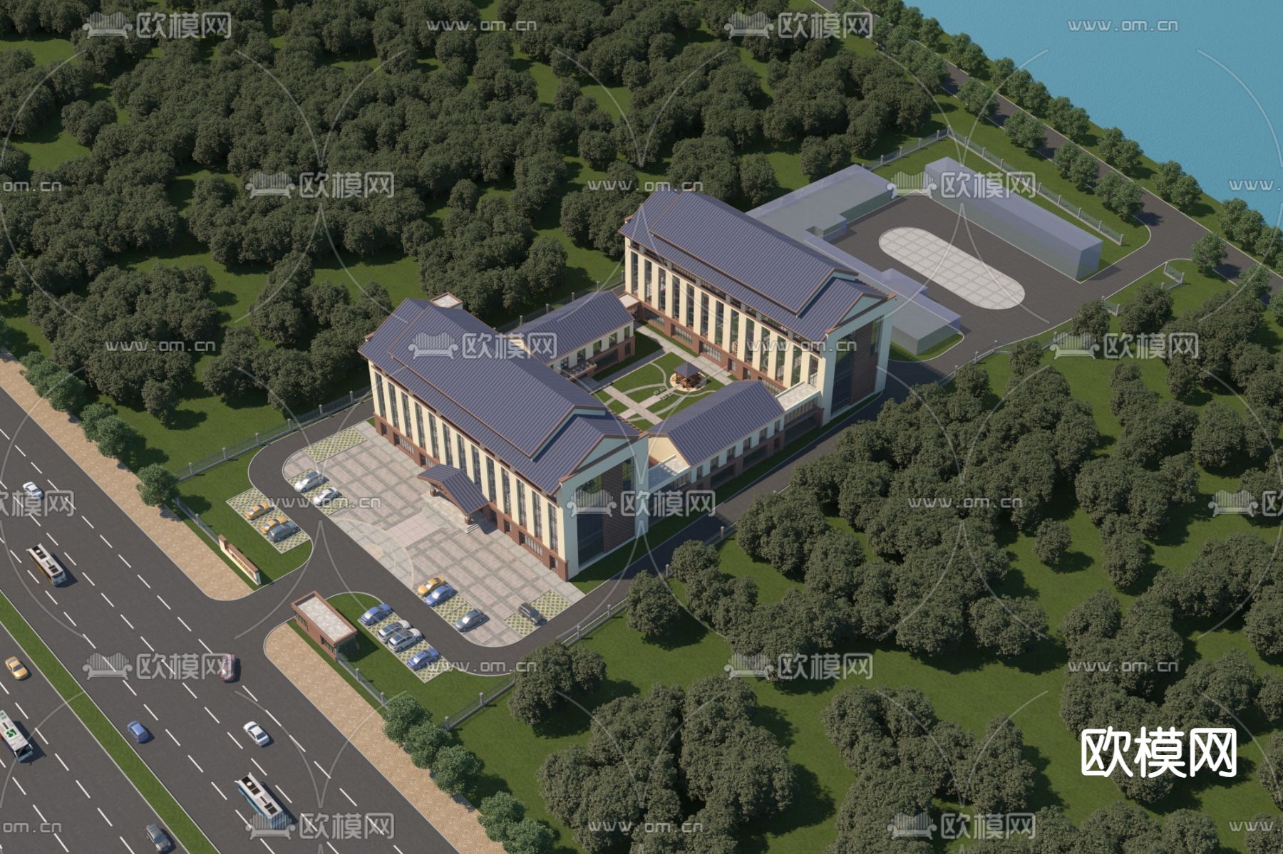 现代福利院鸟瞰图su模型下载（渲染图1）