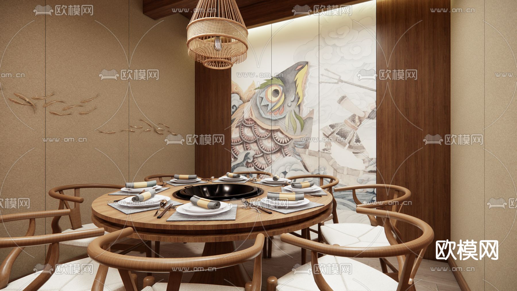 新中式餐饮包间su模型下载（渲染图1）