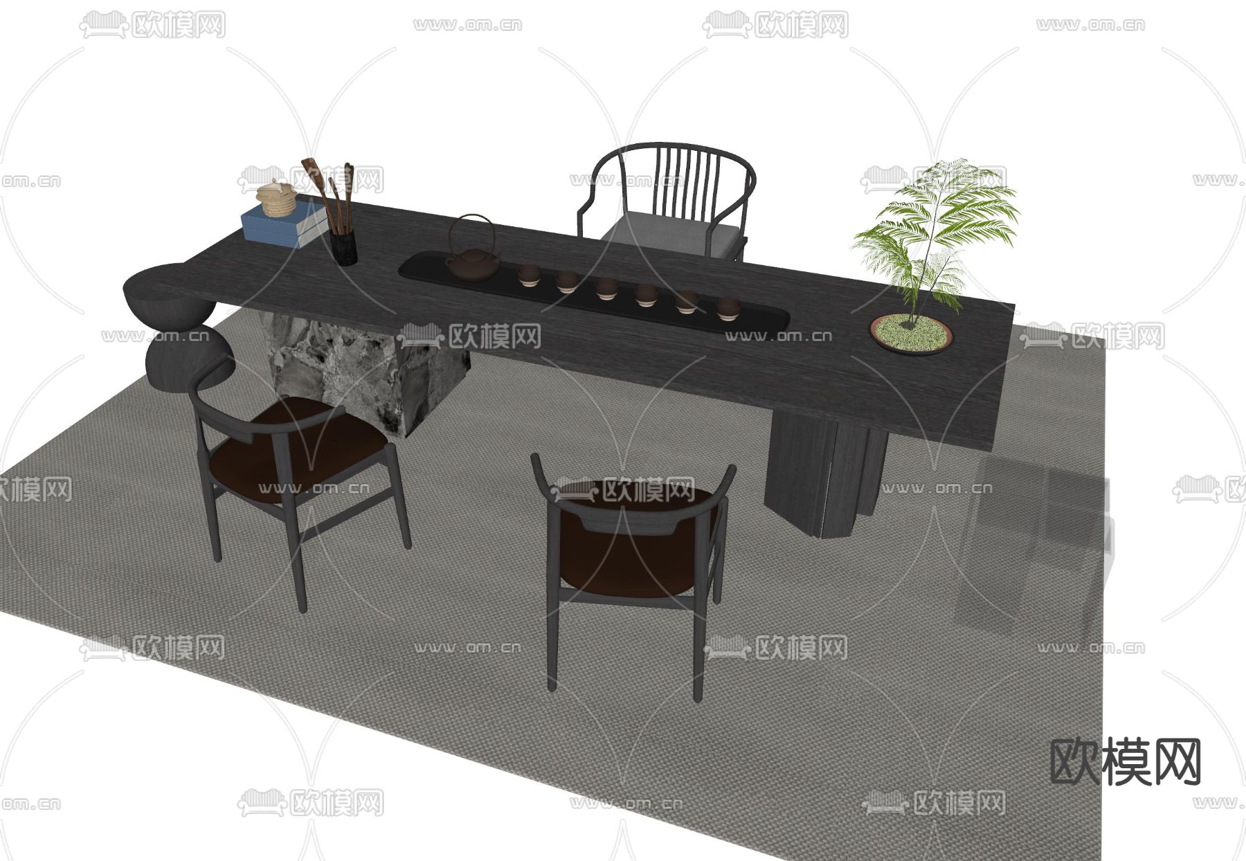 新中式茶桌椅su模型下载（渲染图2）