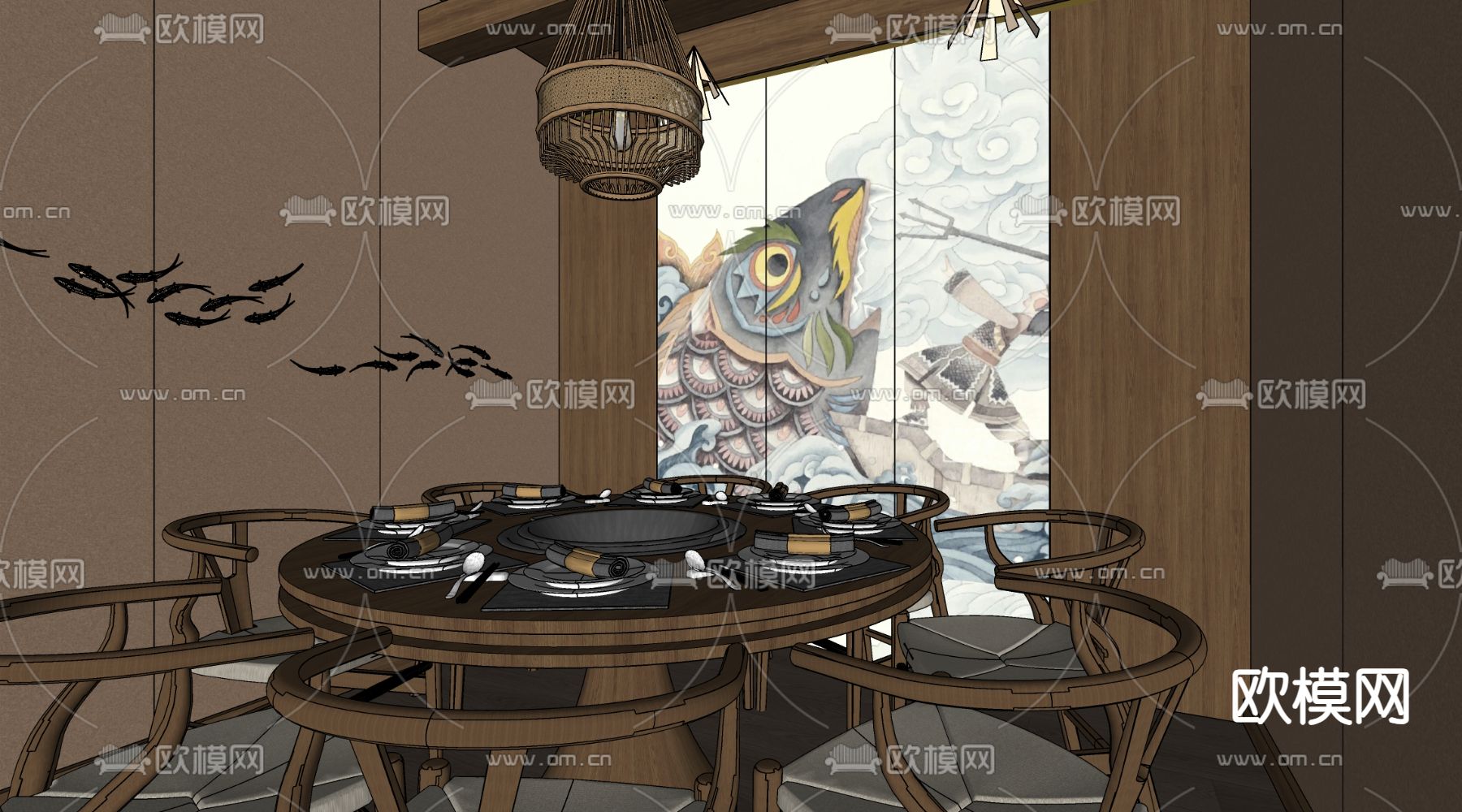 新中式餐饮包间su模型下载（渲染图2）