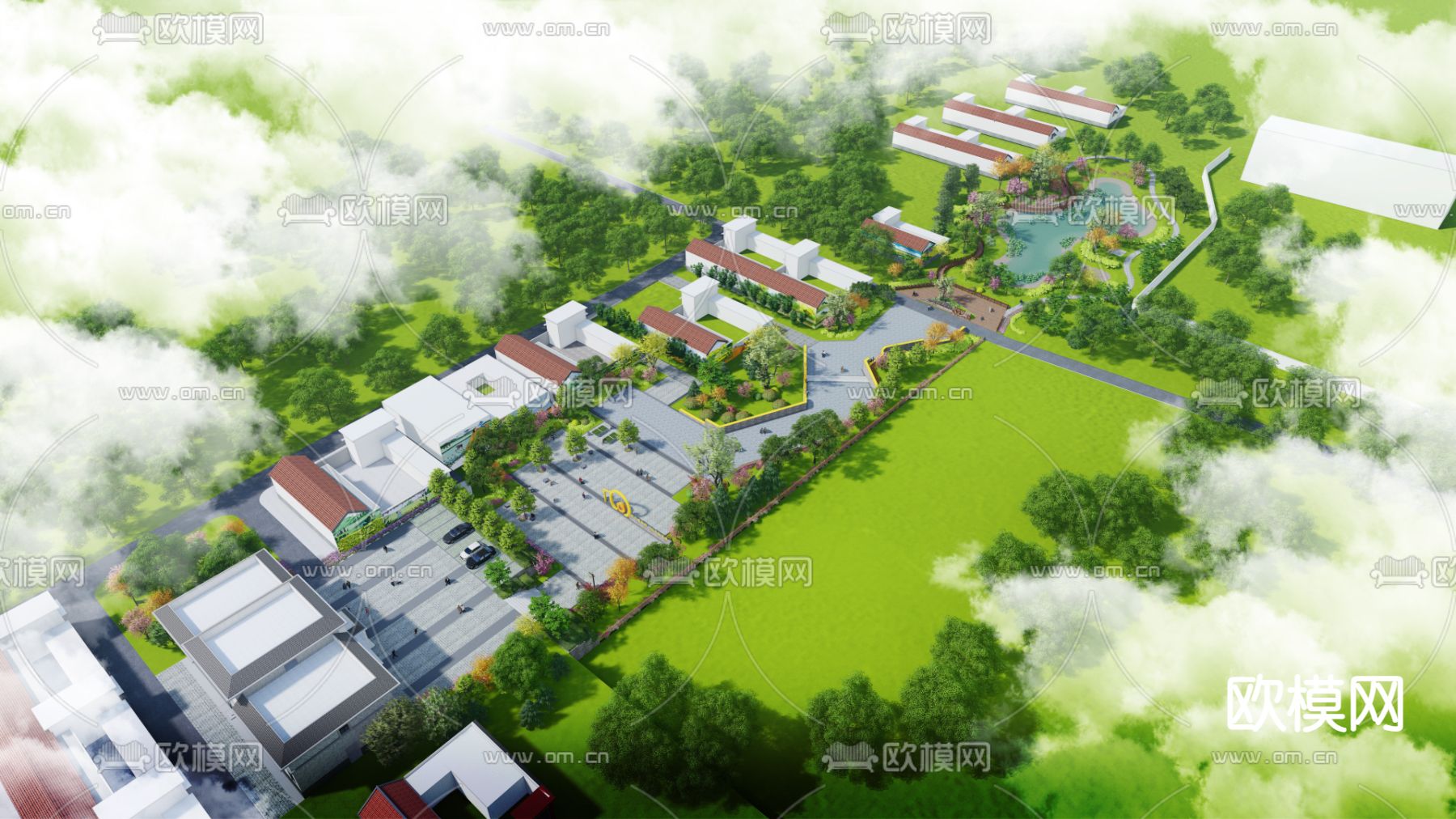 现代乡村鸟瞰su模型下载（渲染图1）