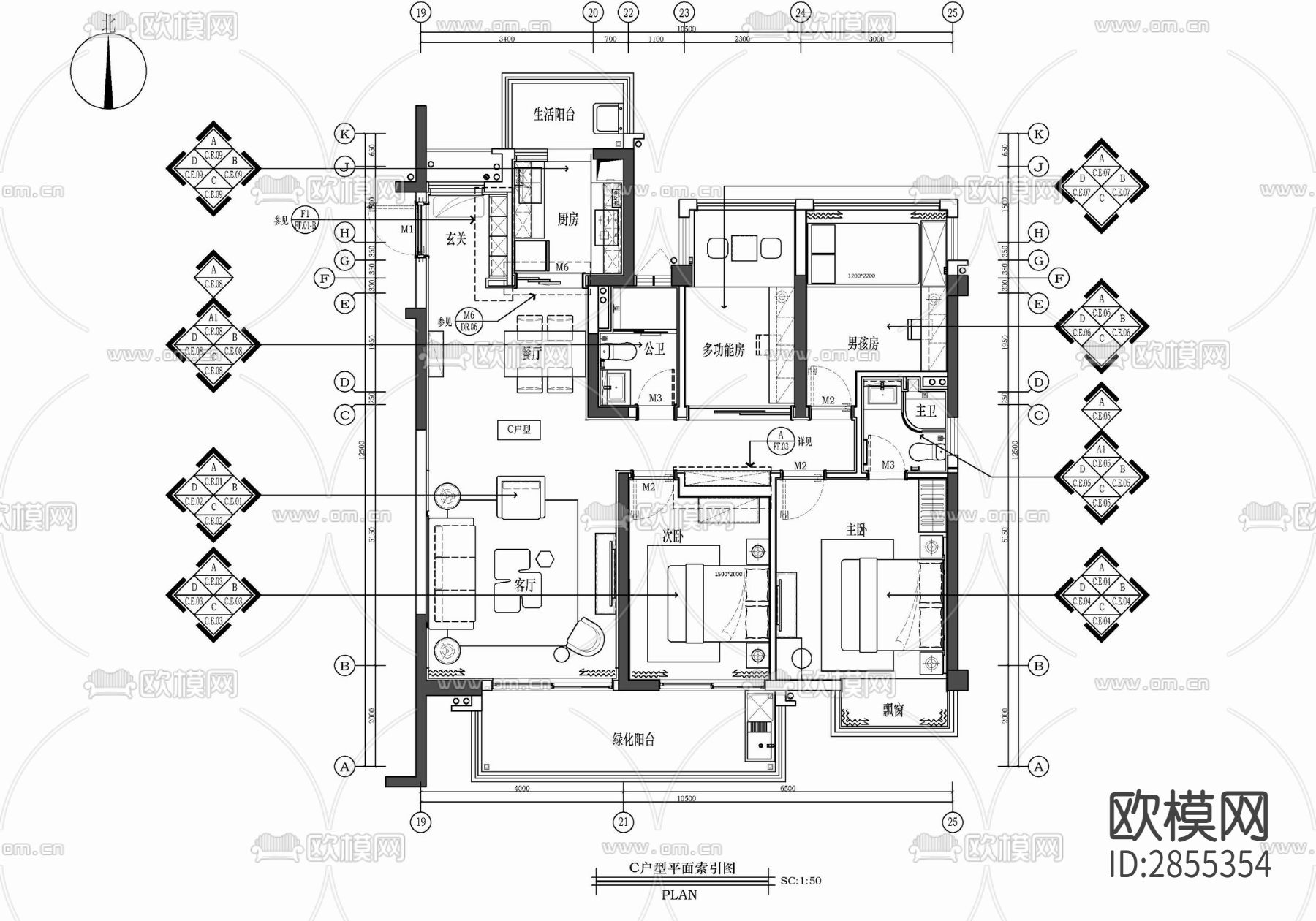 家装平层cad施工图下载（渲染图1）