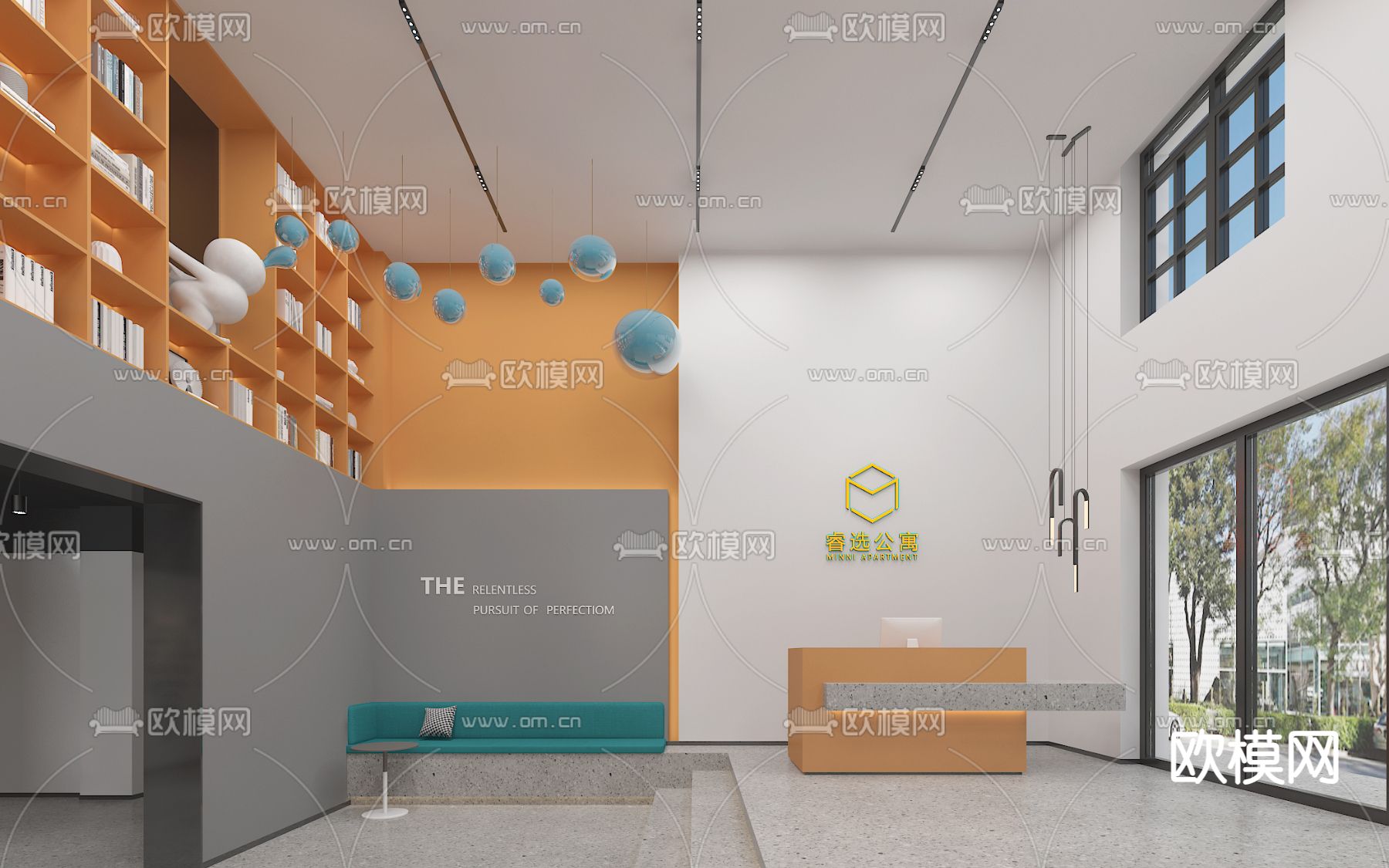 现代公寓大堂su模型下载（渲染图2）