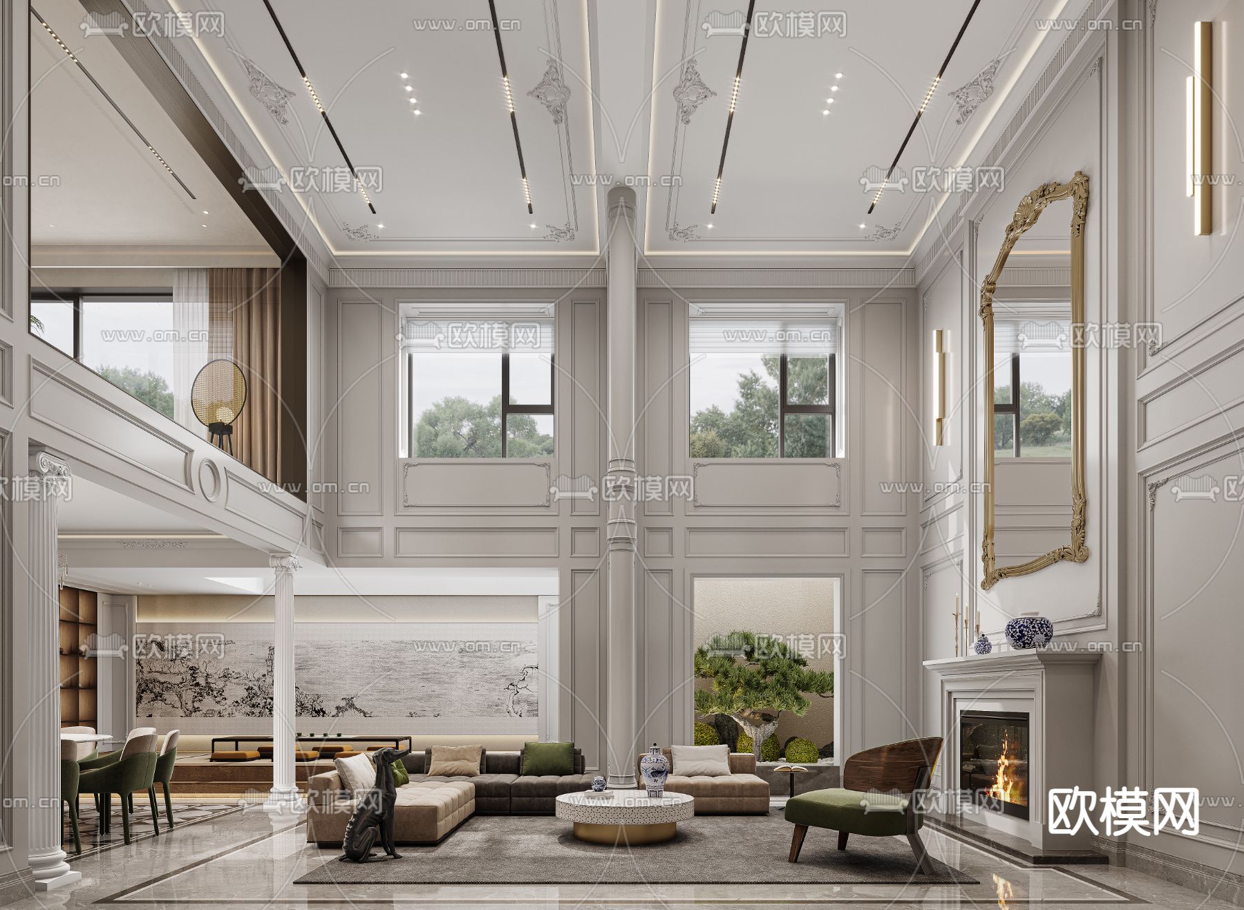 简欧别墅客厅 别墅大堂3d模型下载（渲染图2）