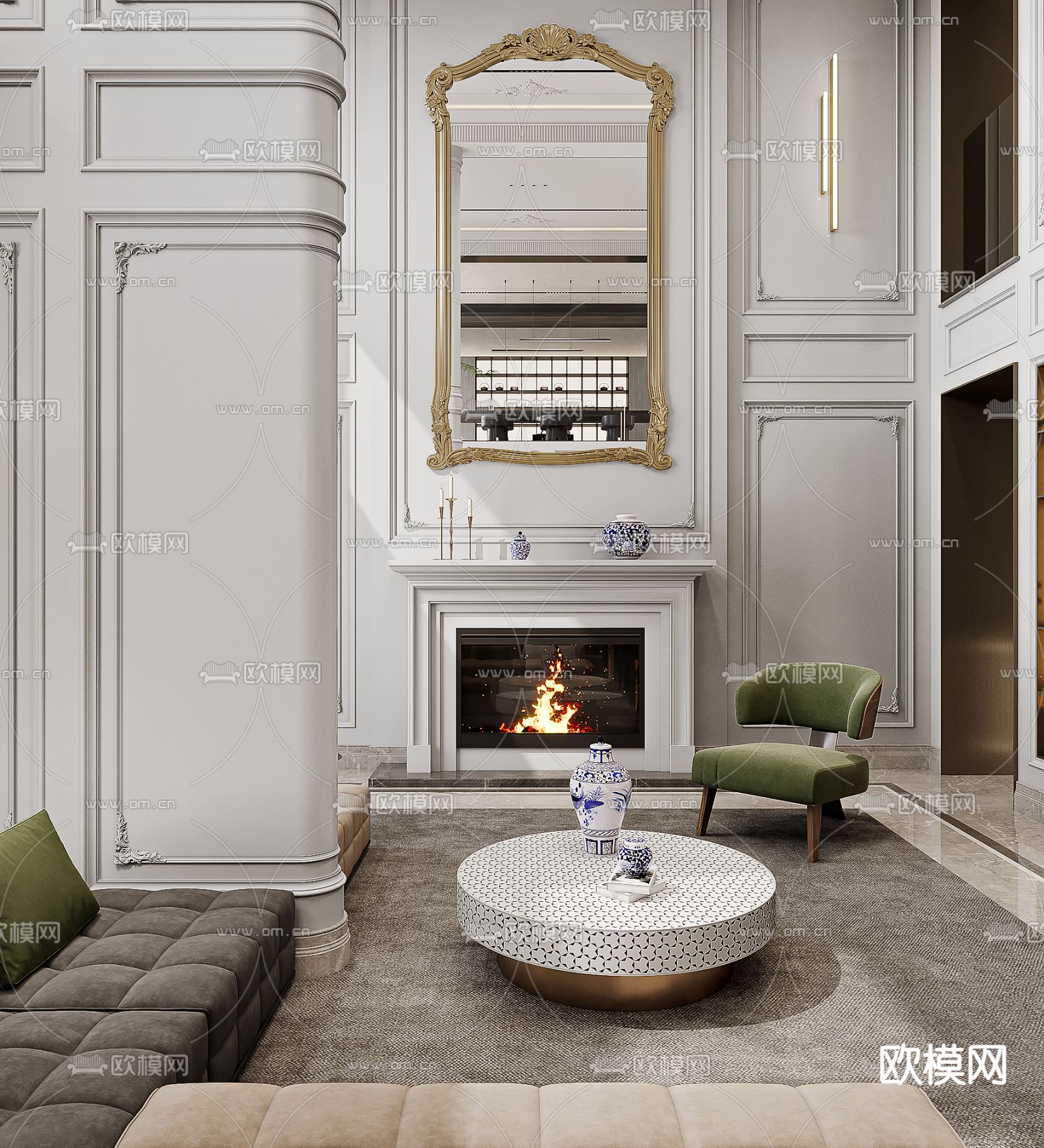 简欧别墅客厅 别墅大堂3d模型下载（渲染图3）