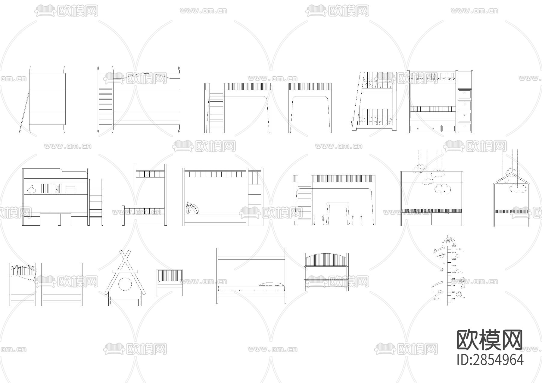 儿童床上下床婴儿床平立面CAD图库下载（渲染图2）