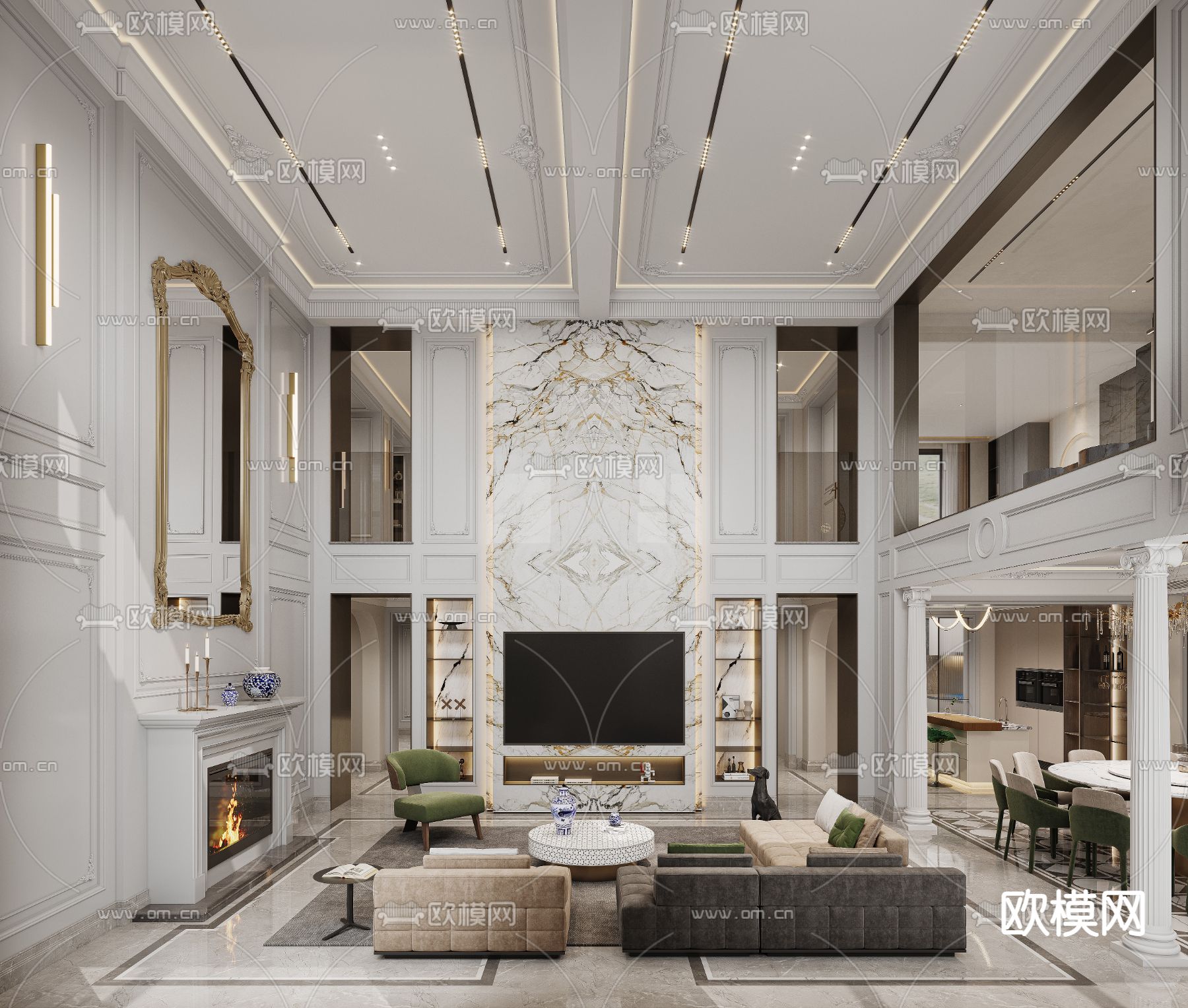 简欧别墅客厅 别墅大堂3d模型下载（渲染图1）