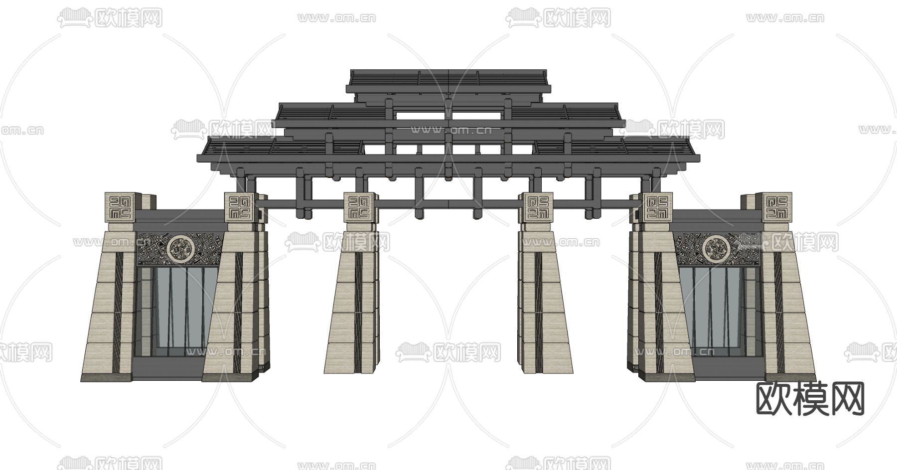 新中式景区门头 景区大门su模型下载（渲染图2）