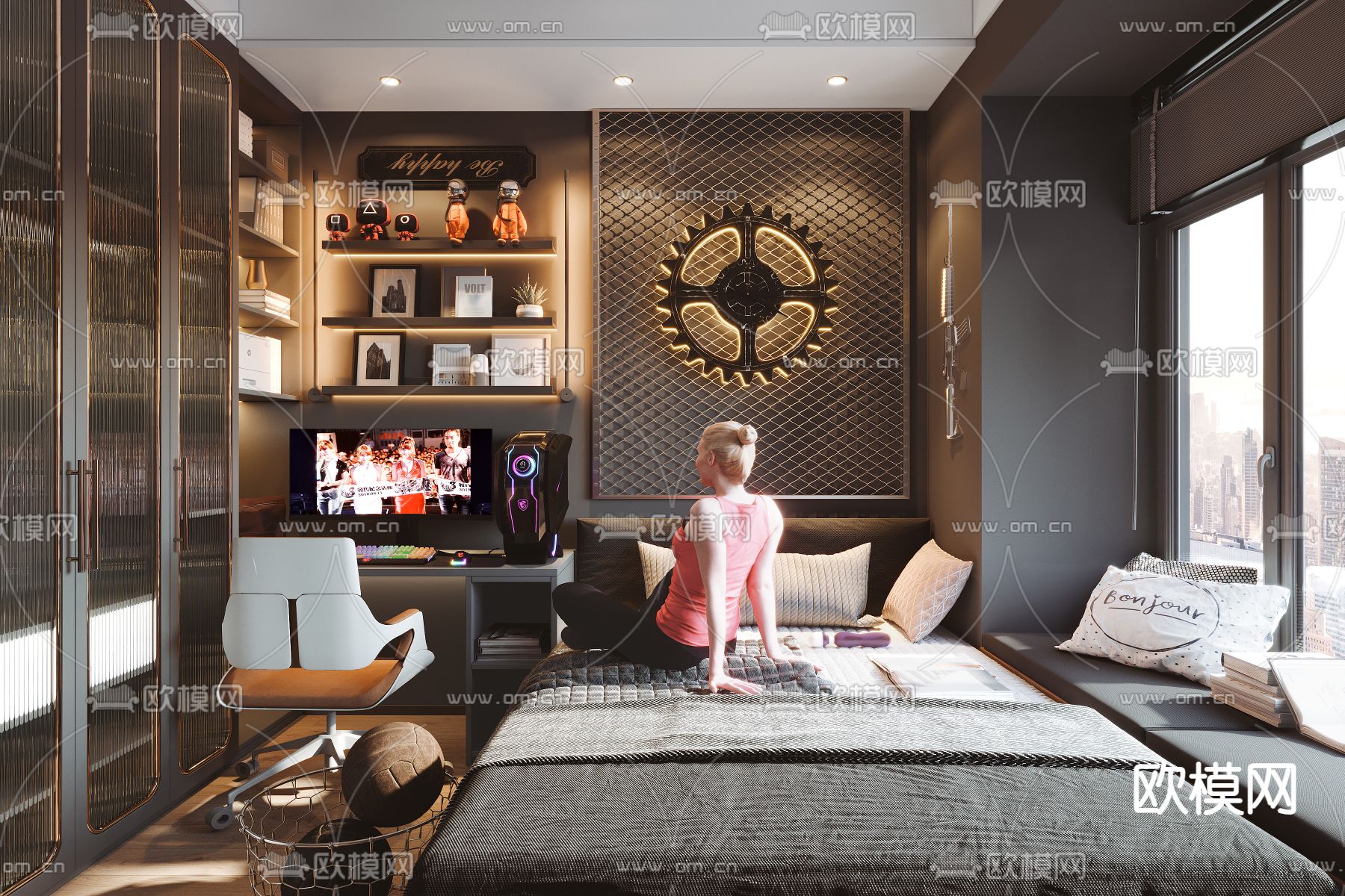 工业风卧室 次卧 电竞房3d模型下载（渲染图1）