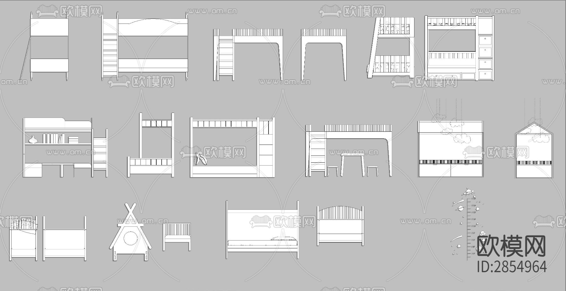 儿童床上下床婴儿床平立面CAD图库下载（渲染图1）