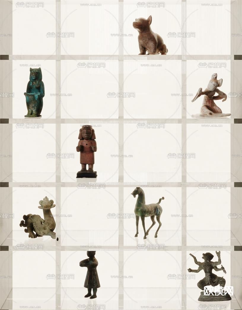 铜制雕塑 古董摆件 青铜器 文物 金戈铁马 玻璃柜3d模型下载（渲染图2）