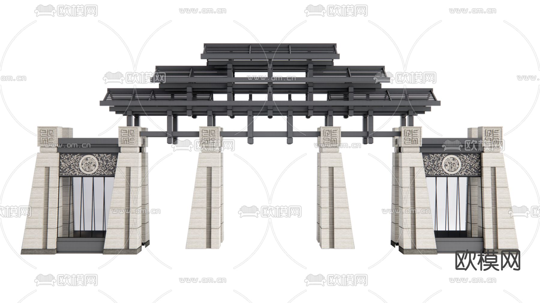新中式景区门头 景区大门su模型下载（渲染图1）