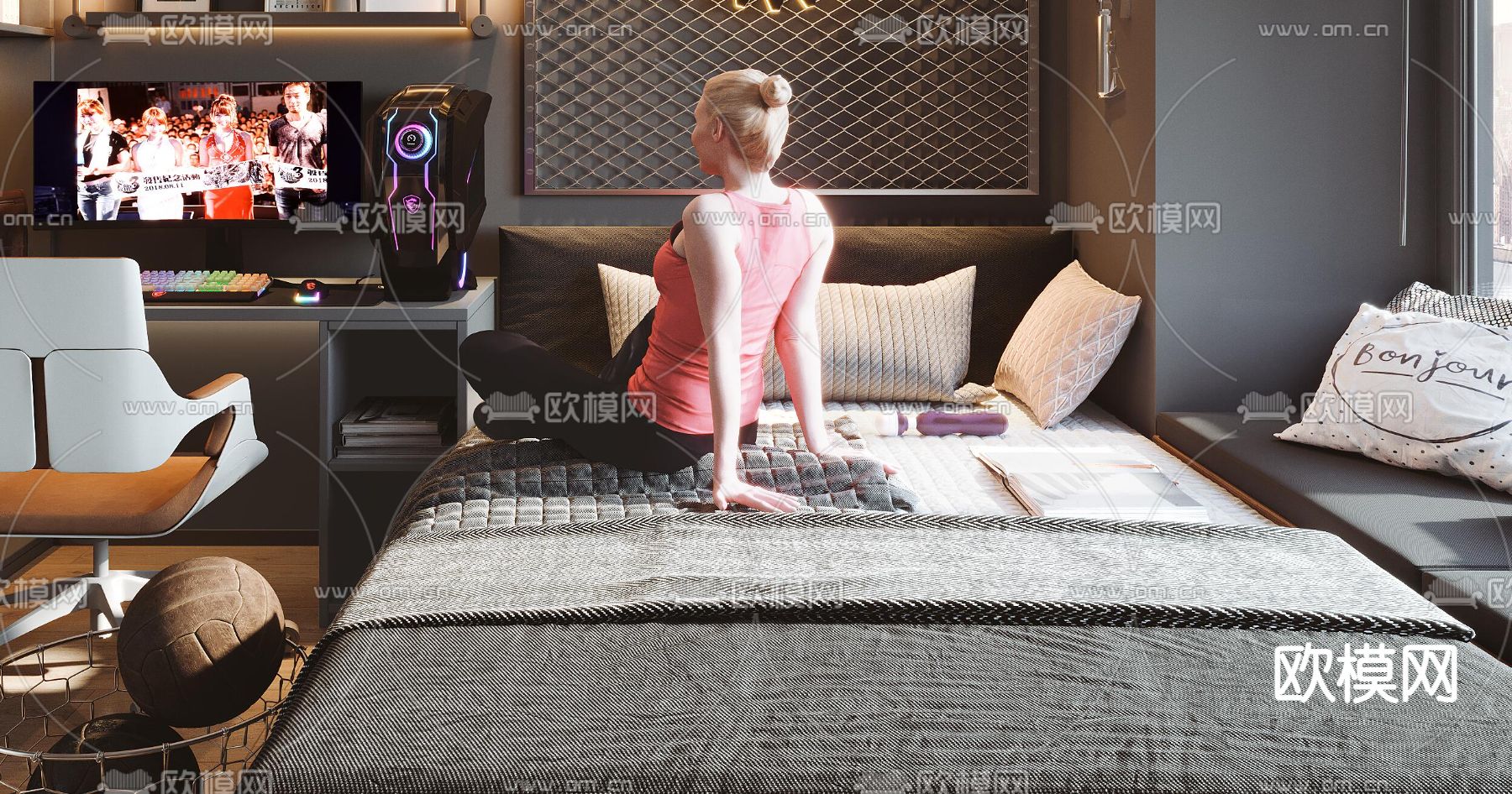 工业风卧室 次卧 电竞房3d模型下载（渲染图5）