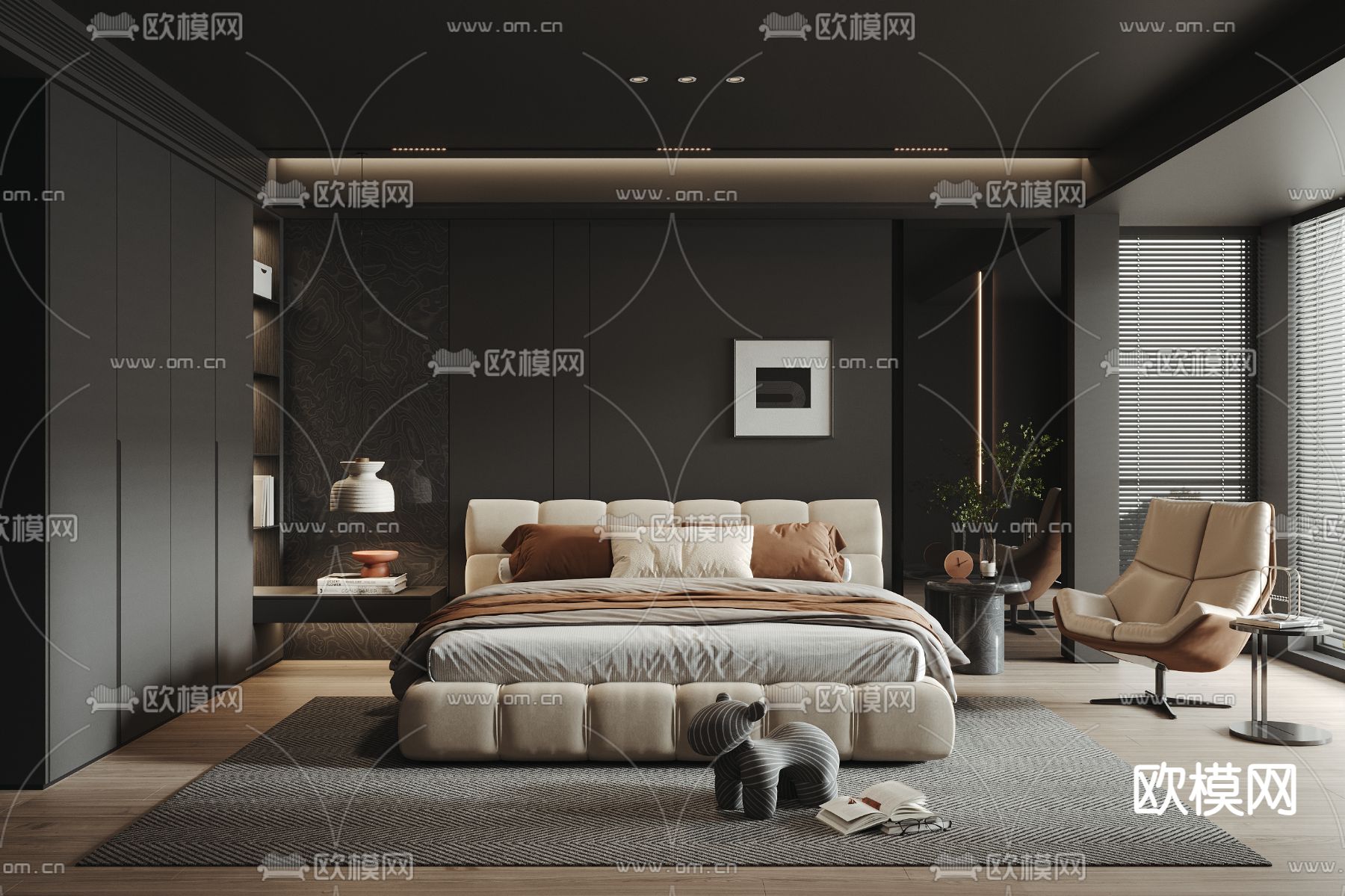 暗黑风卧室 主卧 主人房3d模型下载（渲染图1）