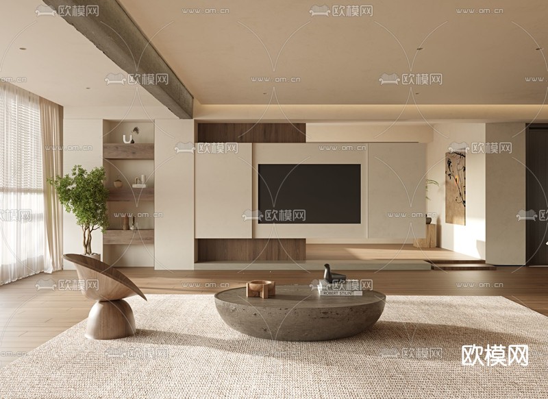 侘寂风客厅 电视背景3d模型下载