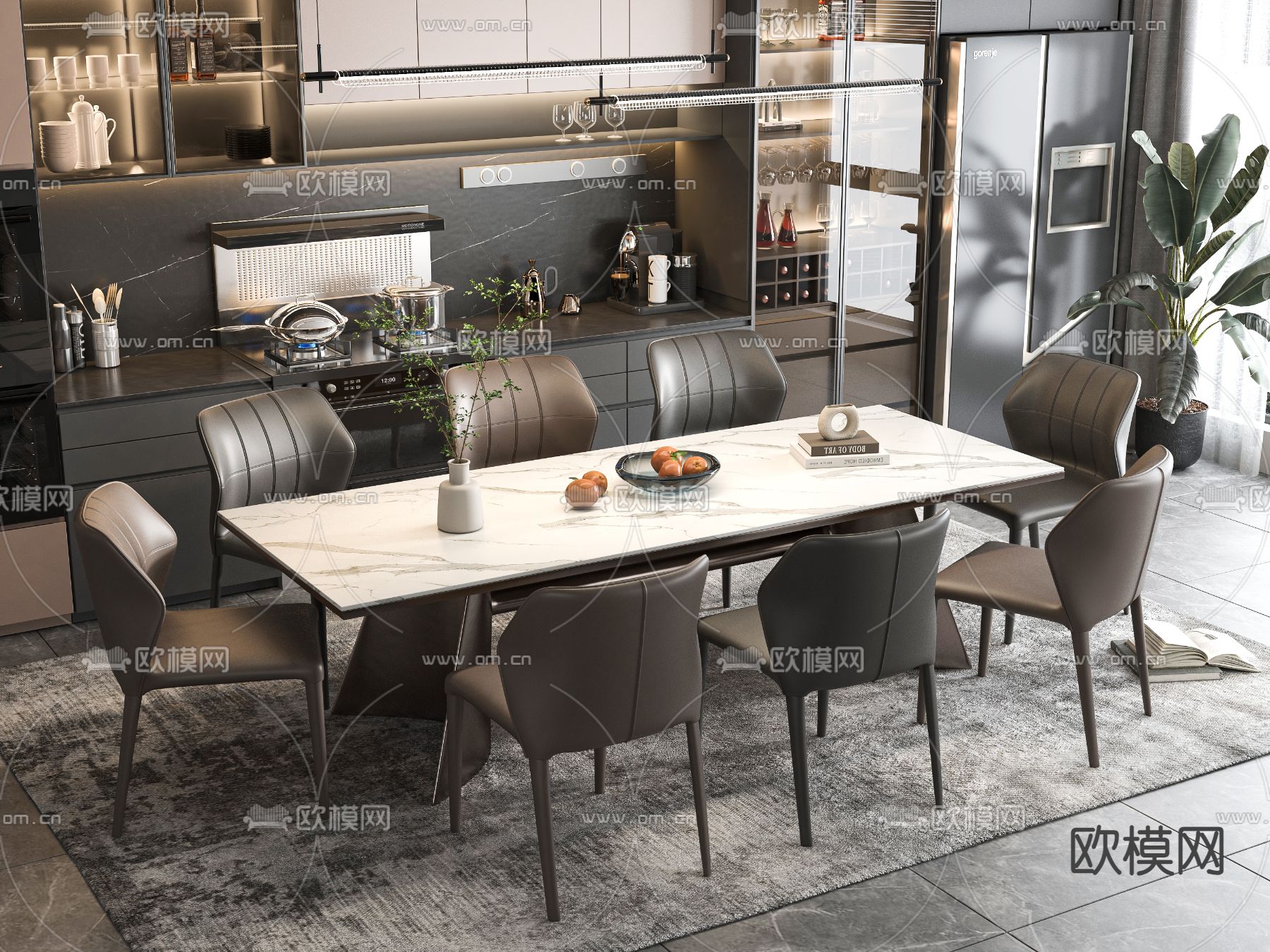 长条餐桌椅3d模型下载