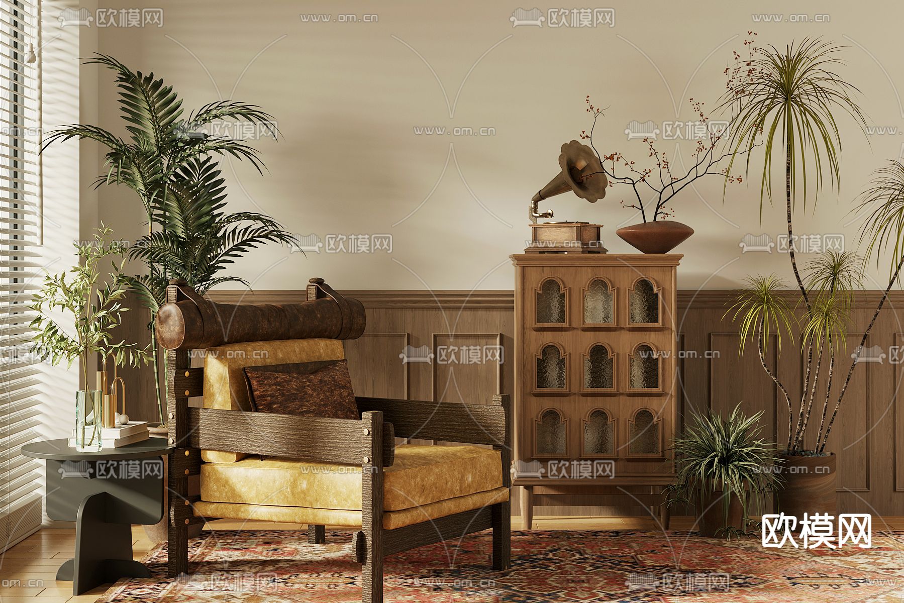 中古风沙发椅 休闲椅 边柜3d模型下载
