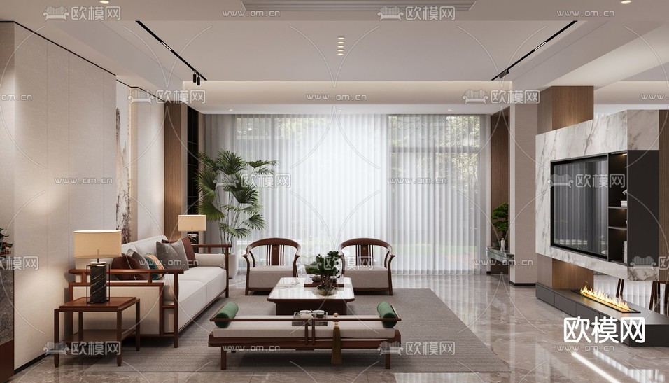 新中式客厅 餐厅3d模型下载(渲染图2)