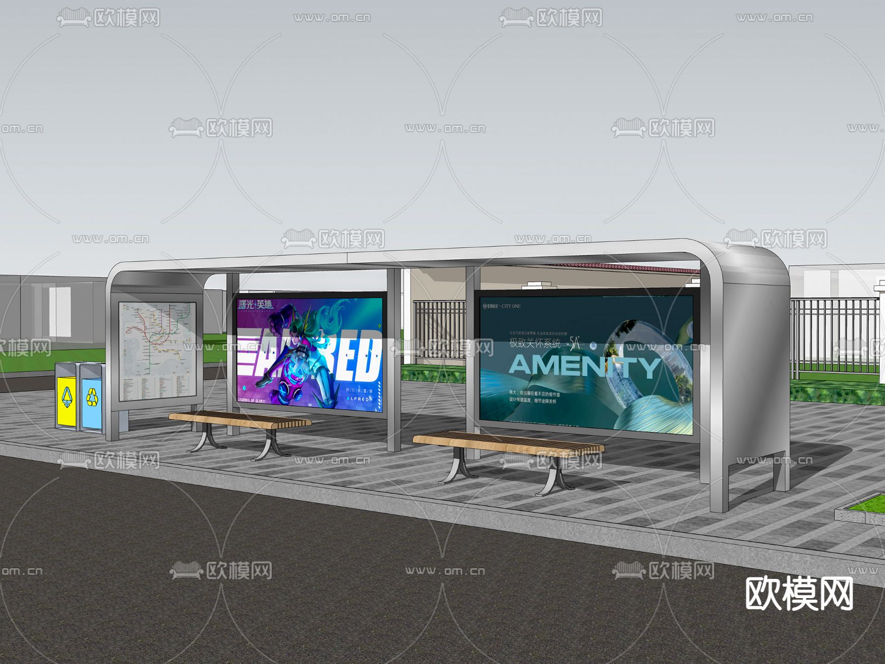公交站站台su模型下载（渲染图2）
