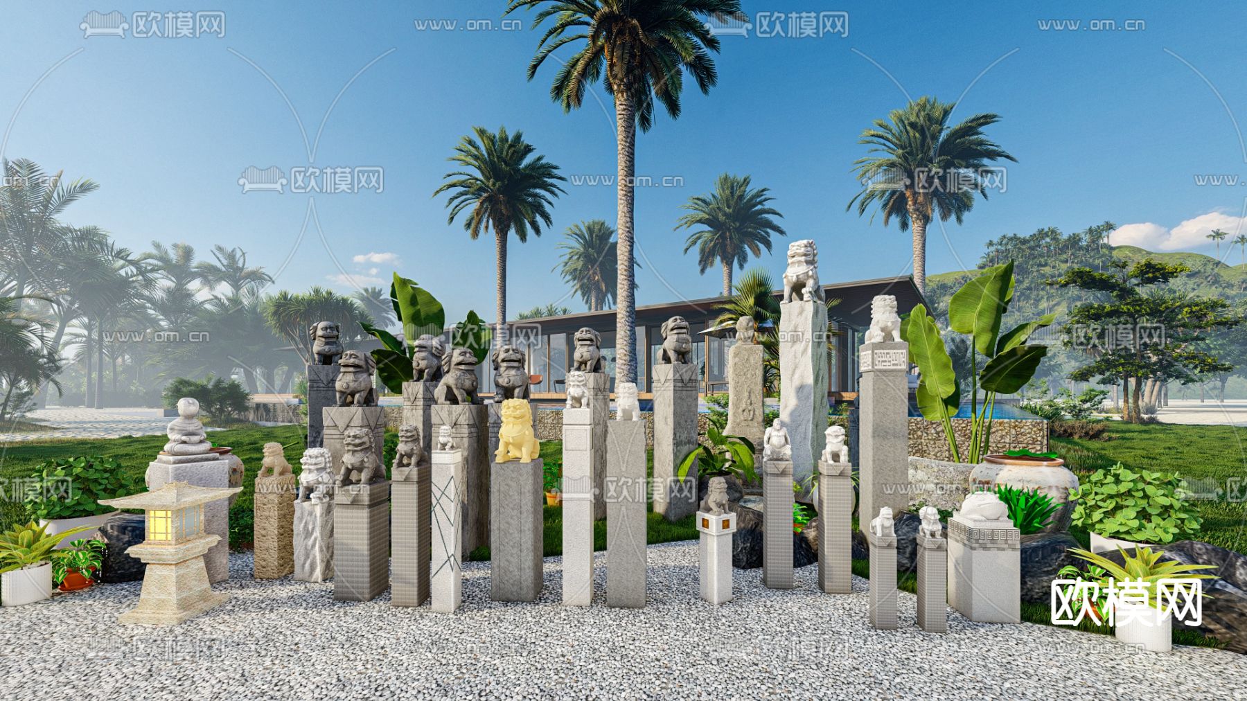 新中式栓马桩 石狮子 柱子su模型下载（渲染图1）