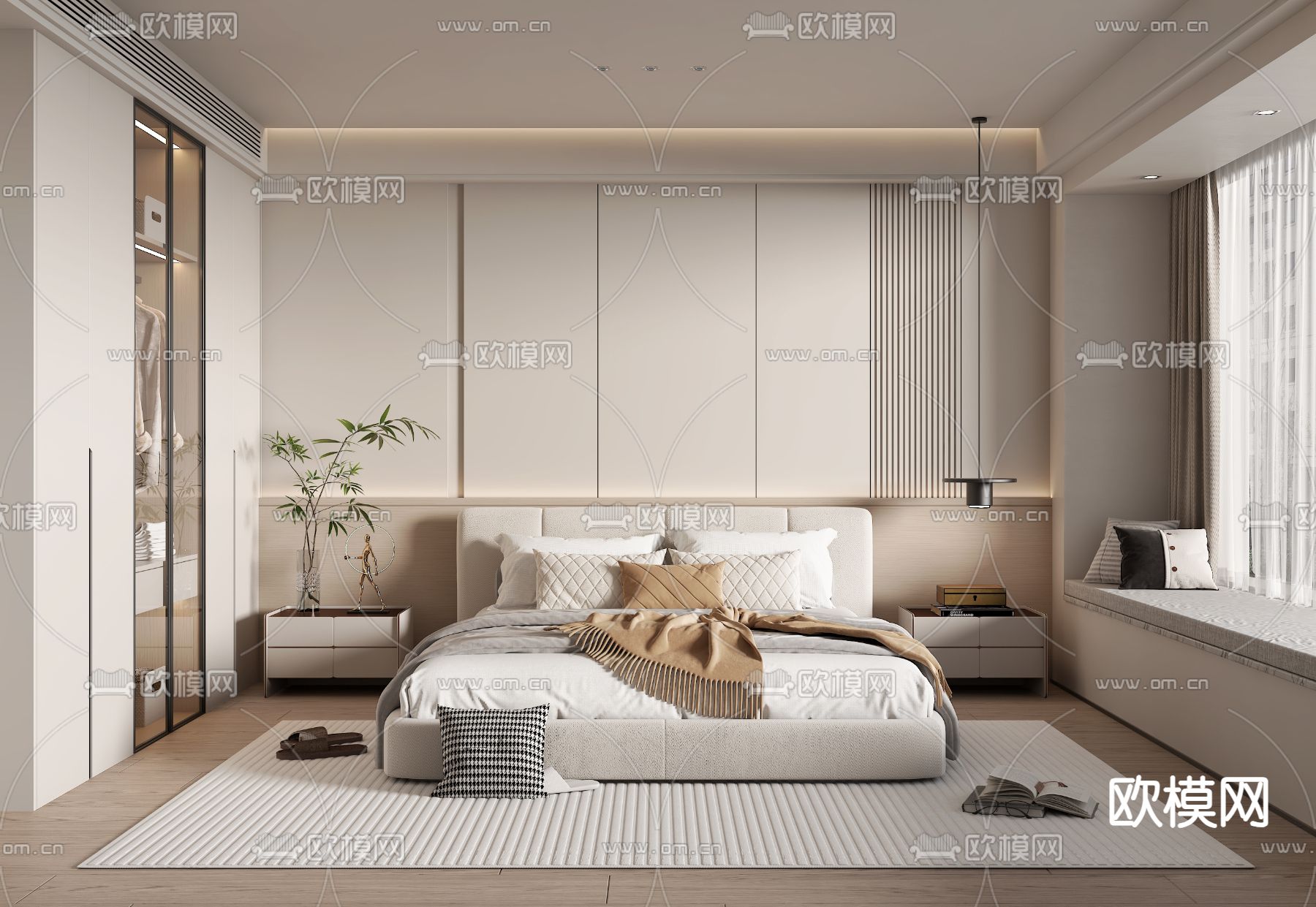 奶油风卧室su模型下载（渲染图1）