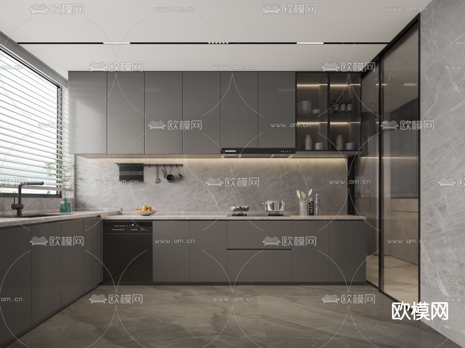 高级灰厨房 橱柜3d模型下载