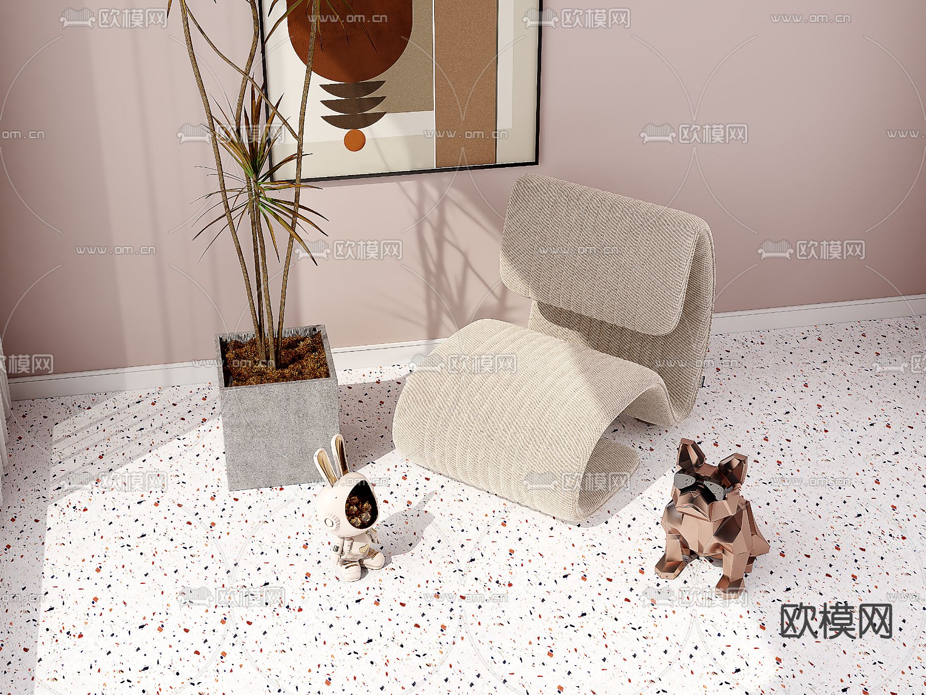 奶油风椅子 休闲椅3d模型下载（渲染图1）