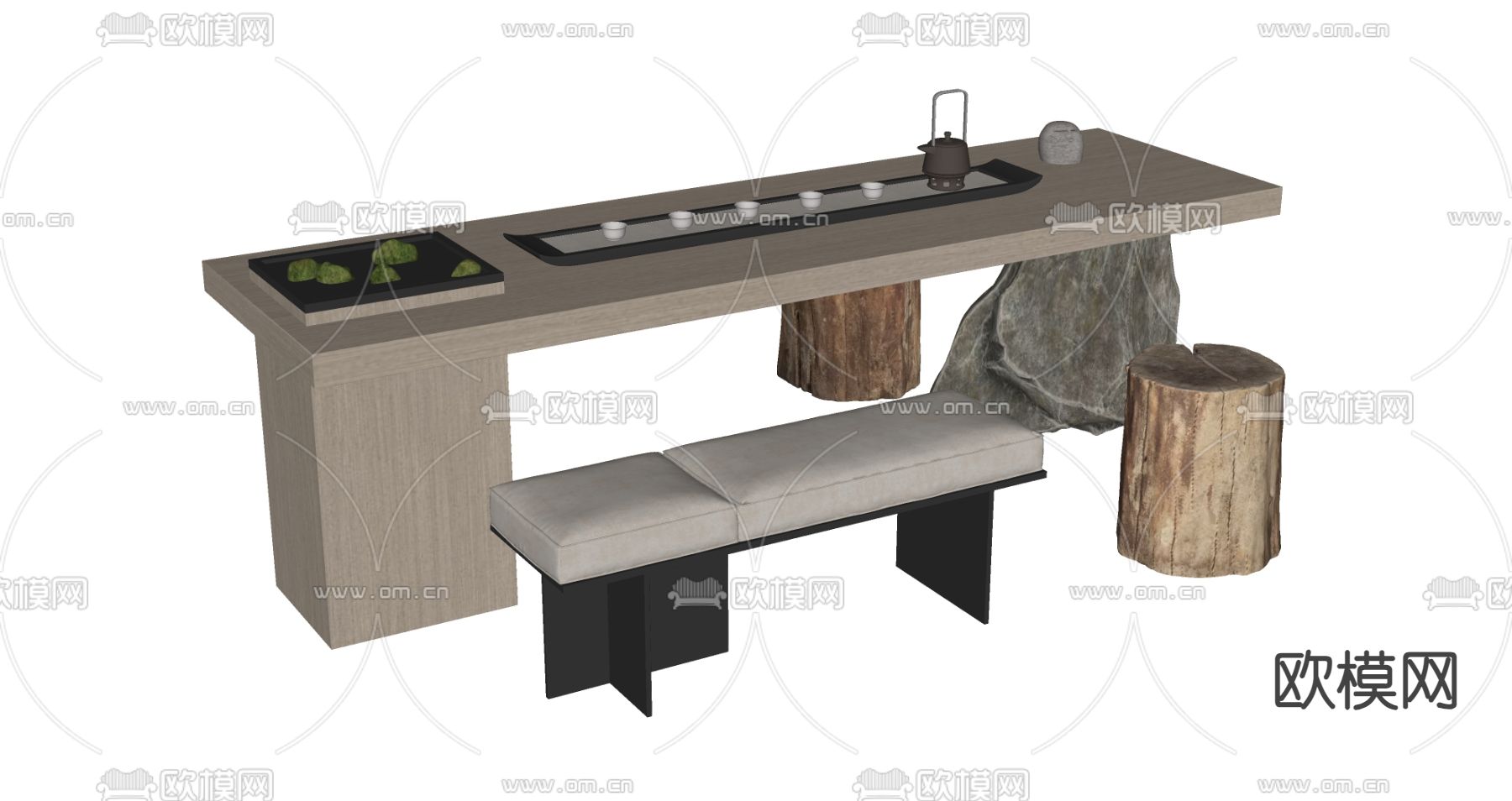 现代茶桌椅su模型下载（渲染图2）