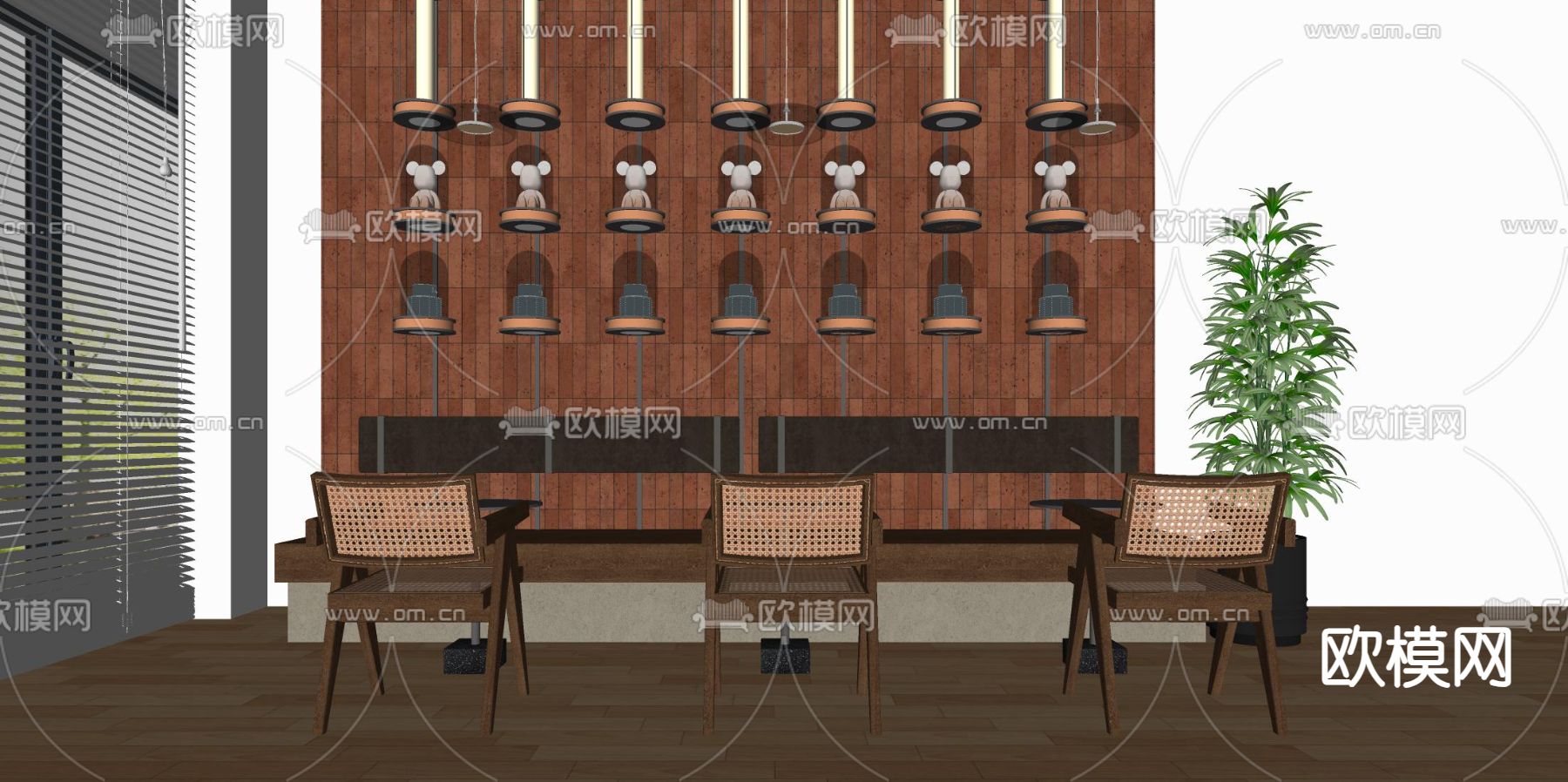 咖啡店休息区卡座沙发su模型下载（渲染图2）