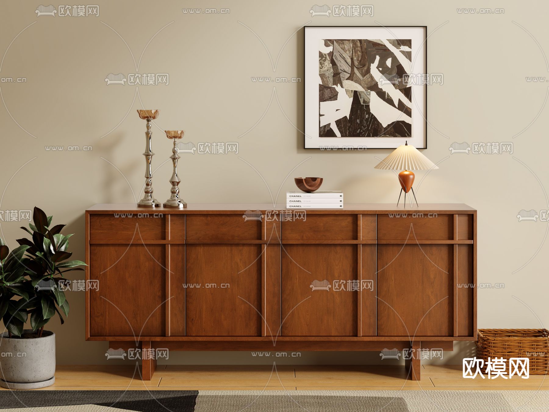 中古风边柜 端景柜 玄关柜su模型下载（渲染图1）