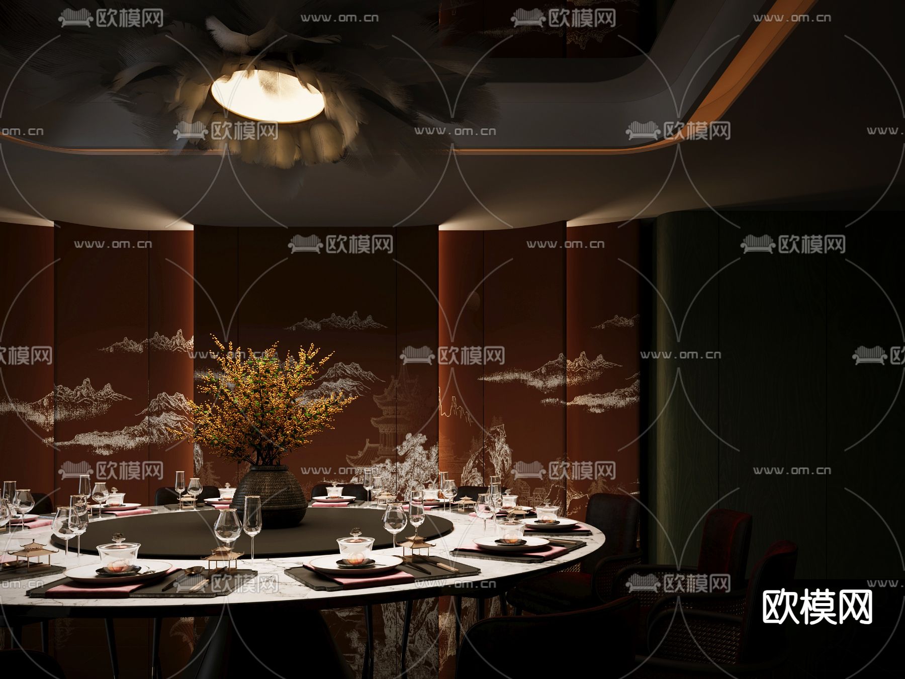 新中式餐厅包房su模型下载（渲染图1）