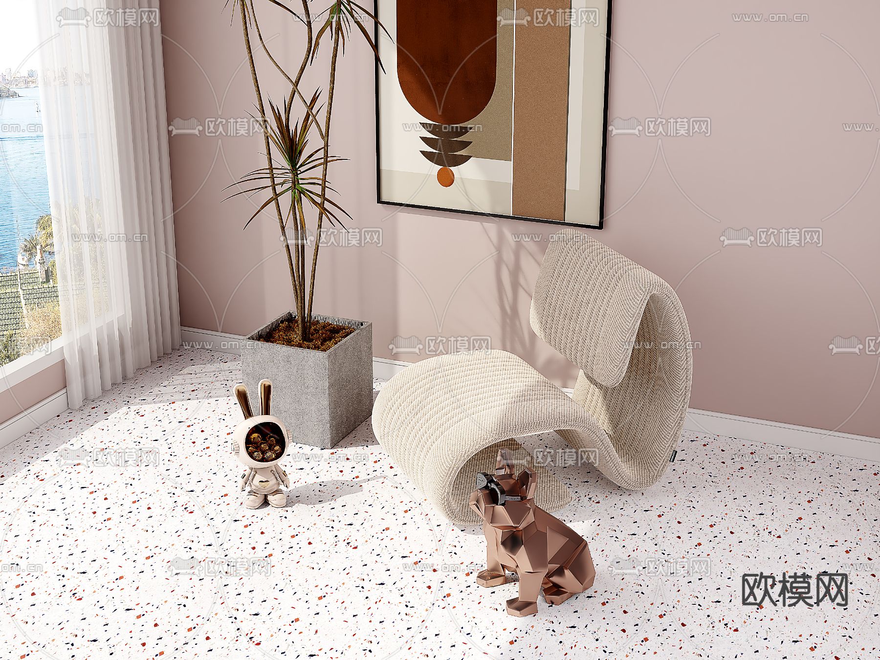 奶油风椅子 休闲椅3d模型下载（渲染图2）