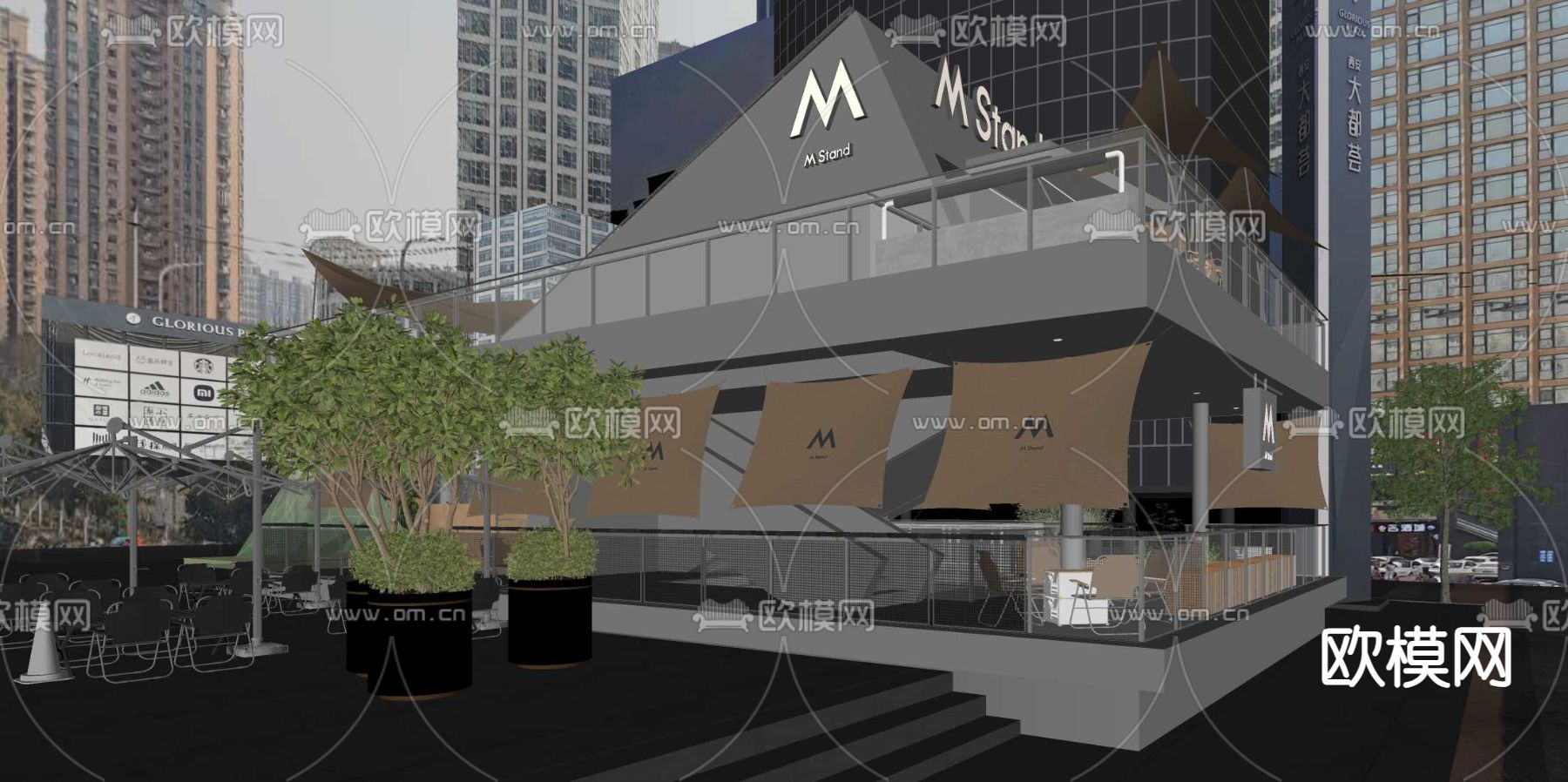 咖啡厅门头门面su模型下载（渲染图2）