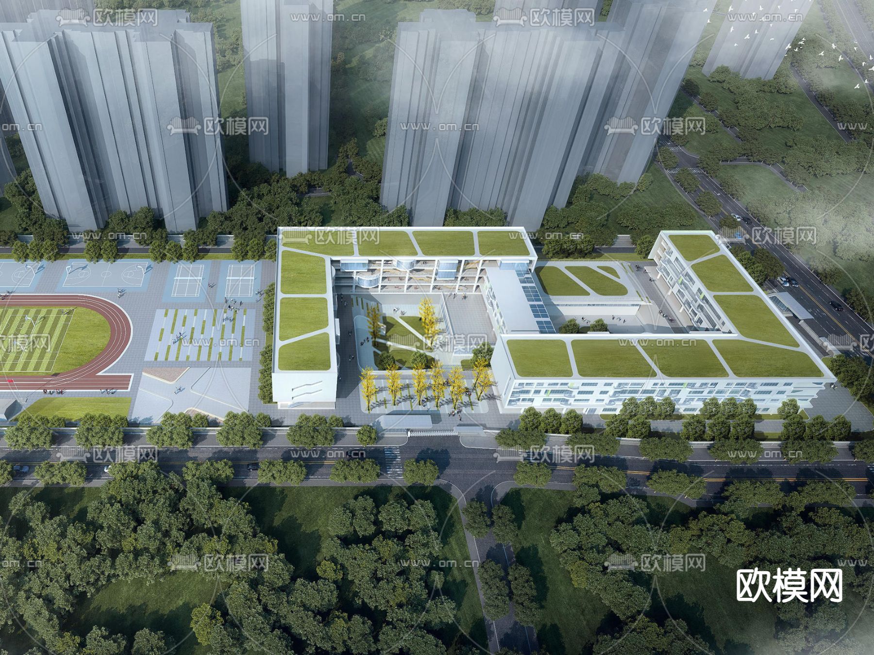 现代学校鸟瞰su模型下载（渲染图1）