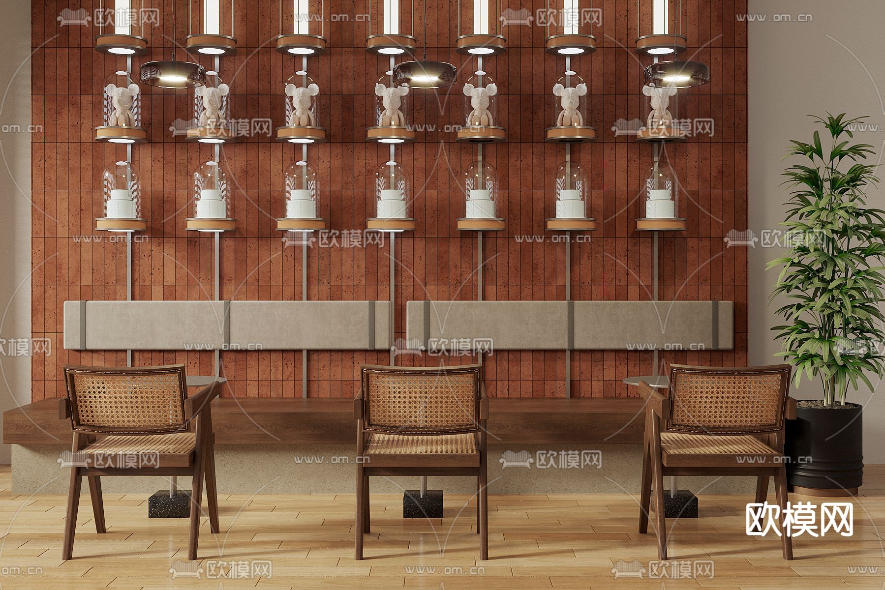 咖啡店休息区卡座沙发su模型下载（渲染图1）