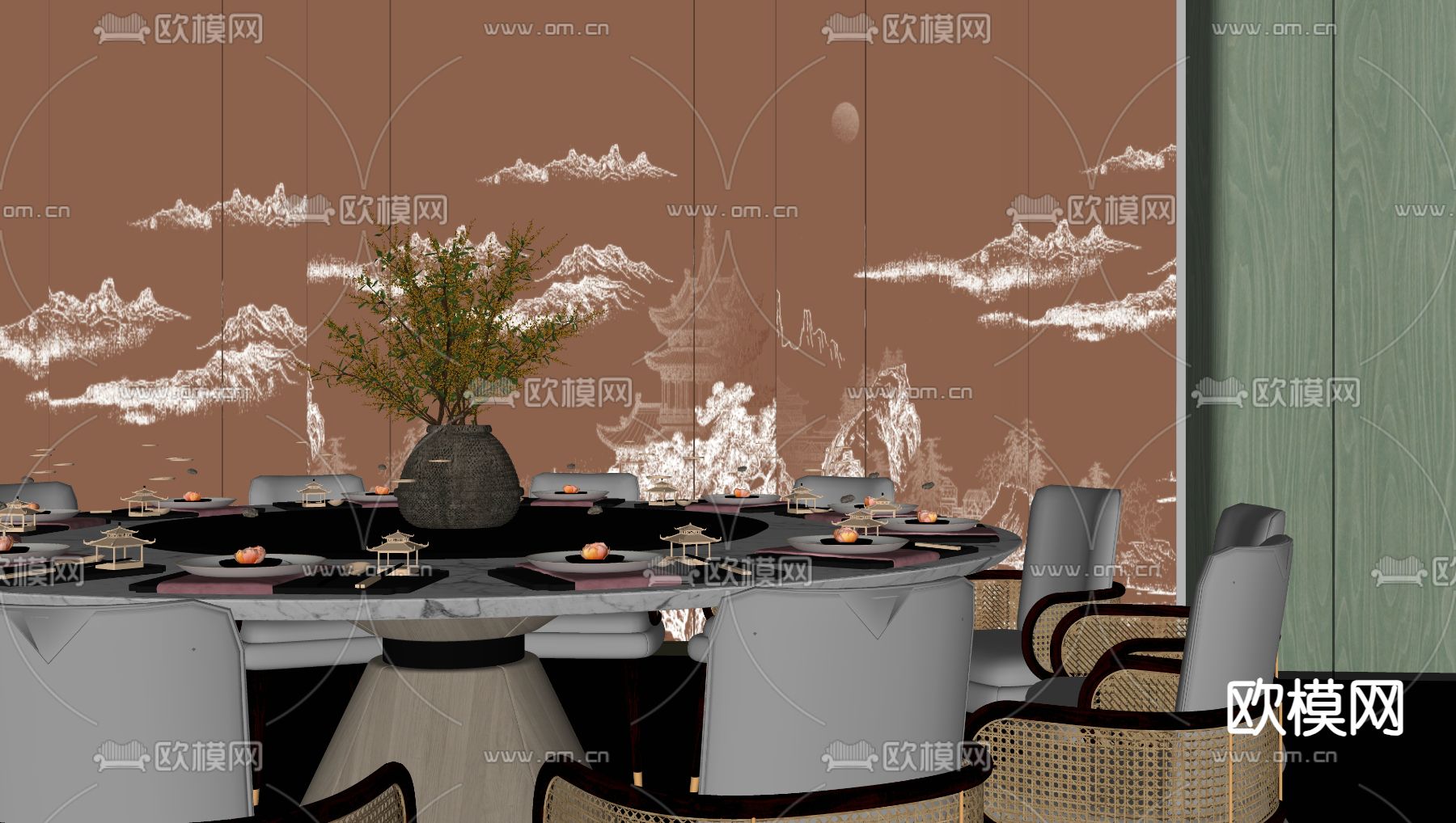 新中式餐厅包房su模型下载（渲染图2）