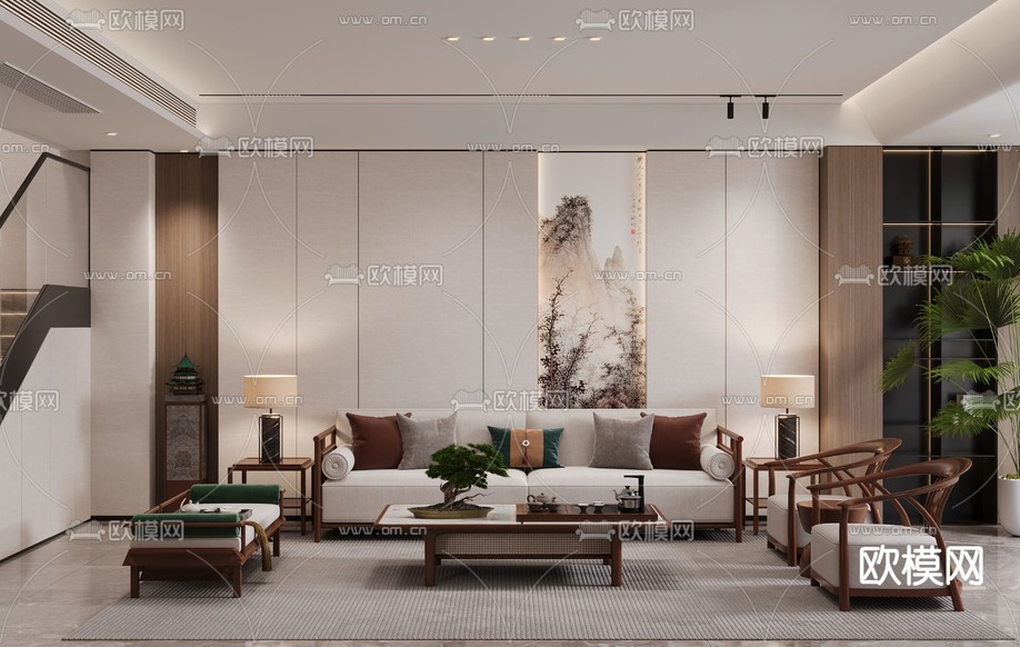 新中式客厅 餐厅3d模型下载(渲染图1)