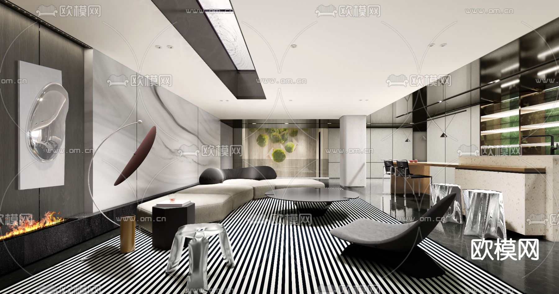 现代会客厅 酒吧区su模型下载（渲染图1）