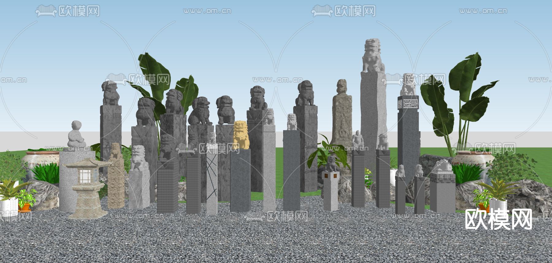 新中式栓马桩 石狮子 柱子su模型下载（渲染图2）