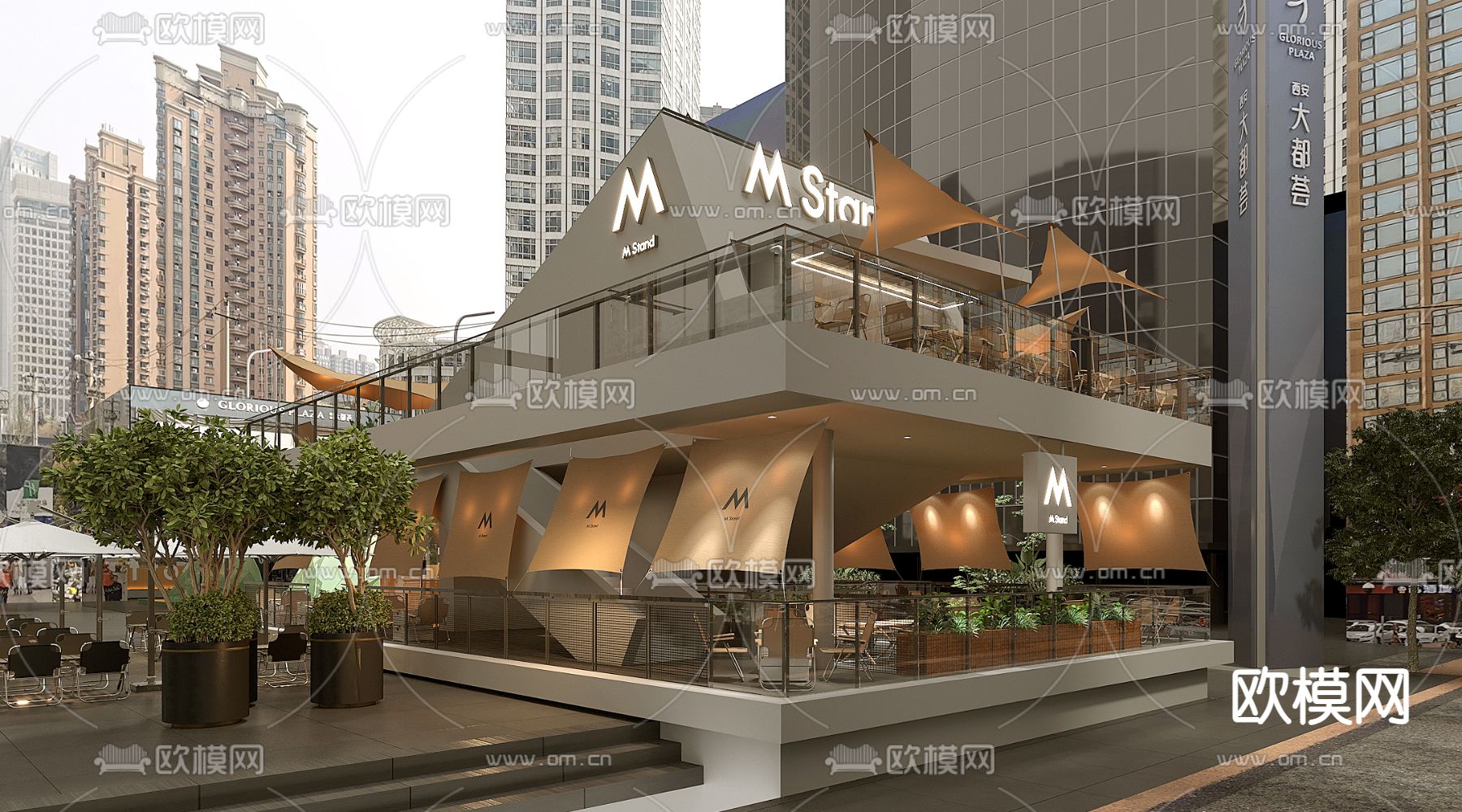 咖啡厅门头门面su模型下载（渲染图1）