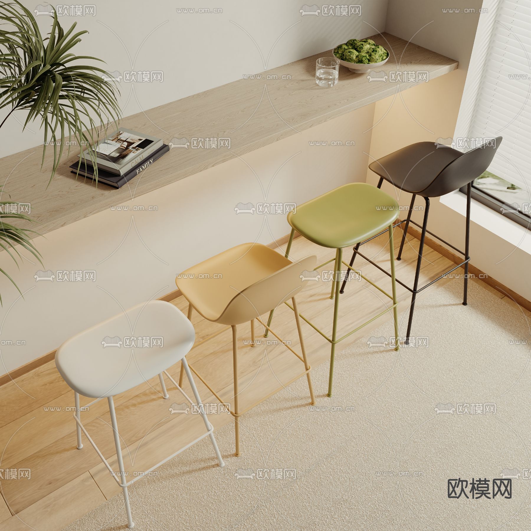 奶油风吧台 吧椅3d模型下载