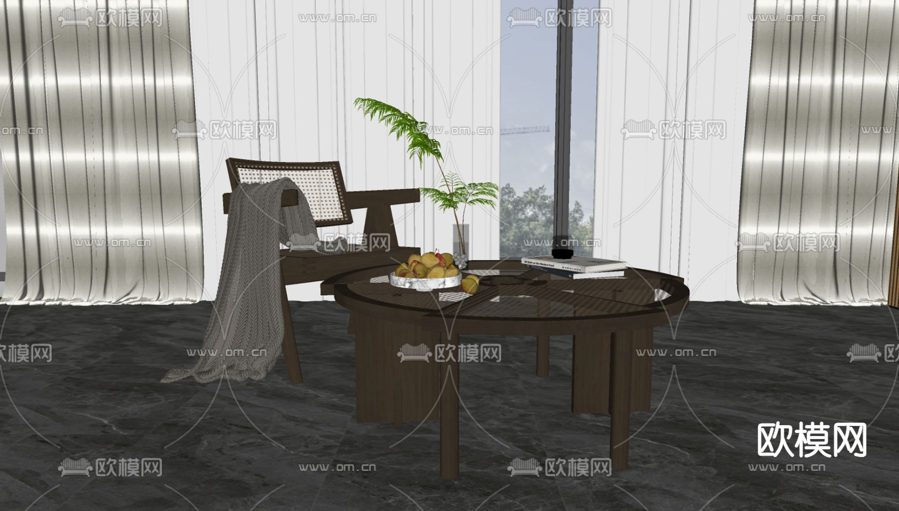 新中式茶几su模型下载（渲染图2）