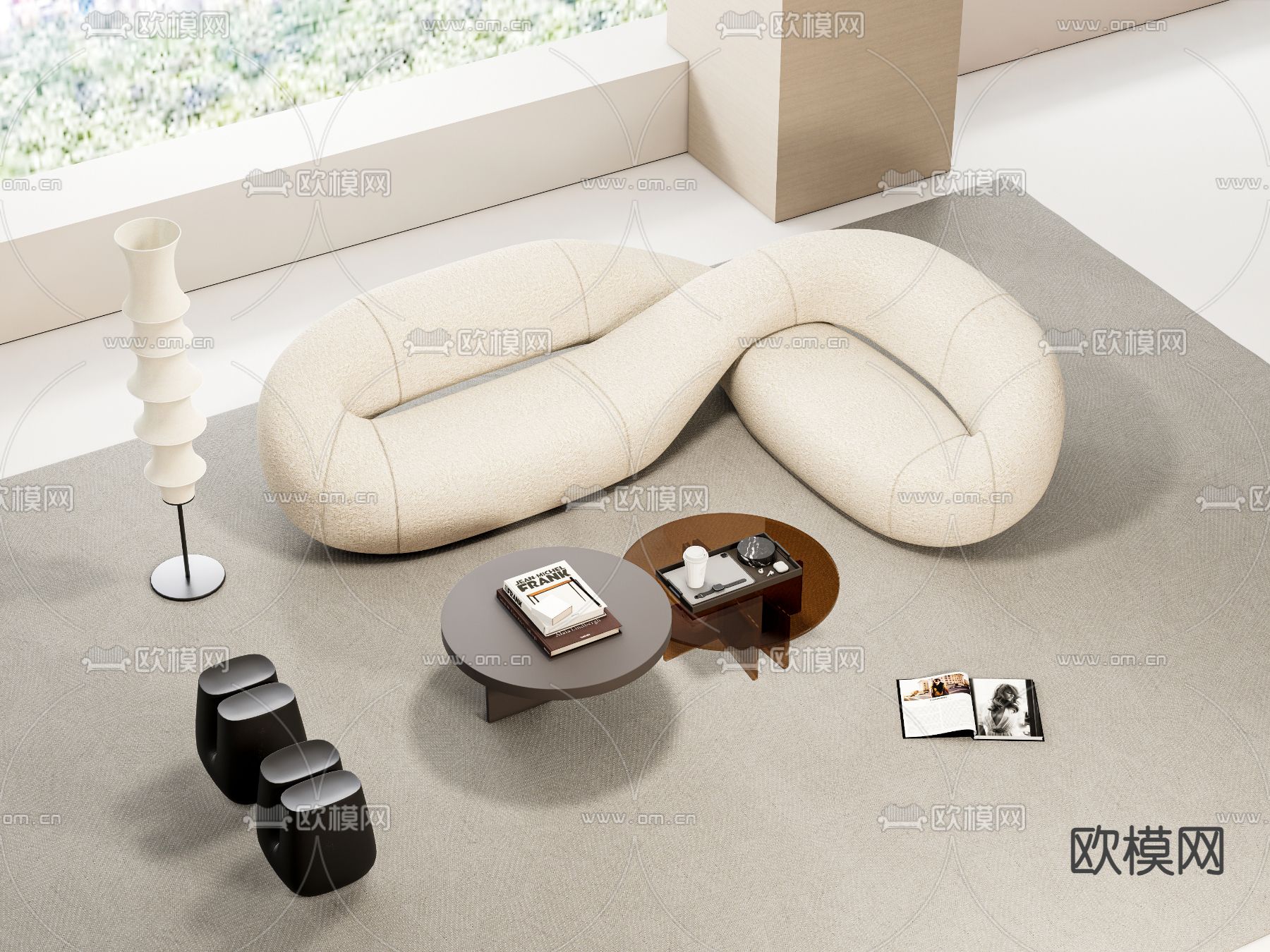 侘寂风组合沙发su模型下载（渲染图2）
