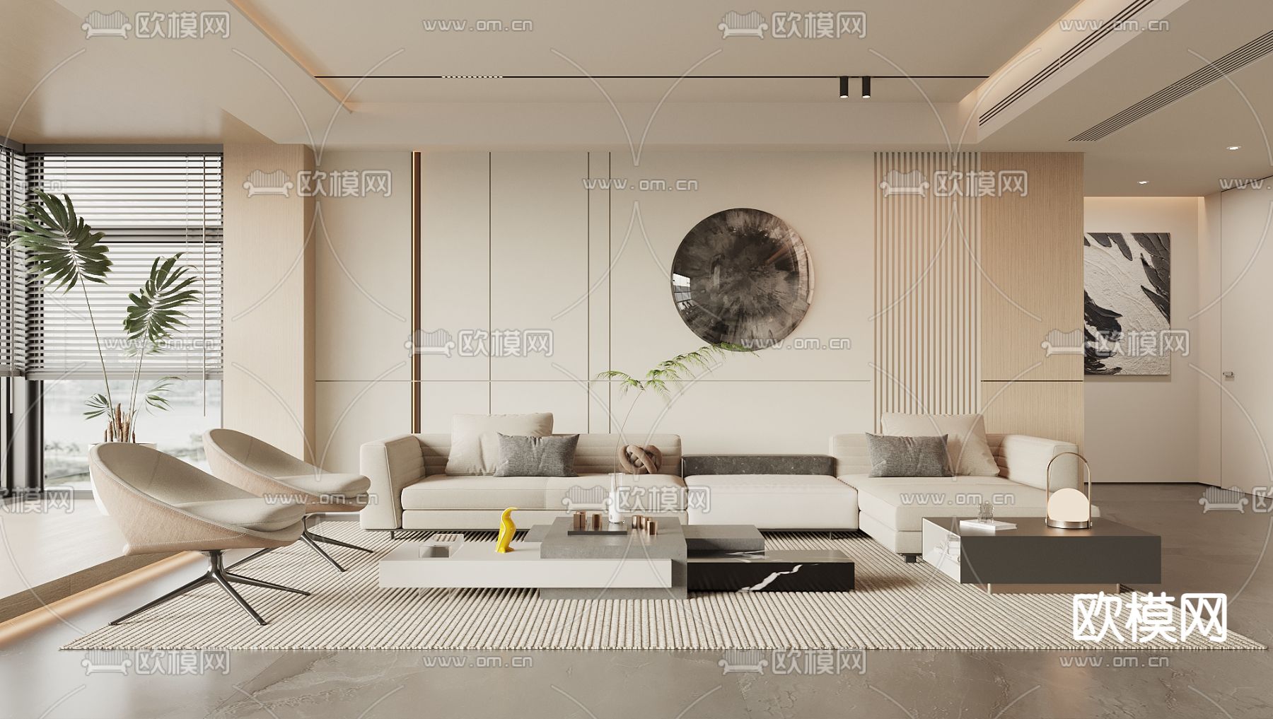 奶油风客厅3d模型下载