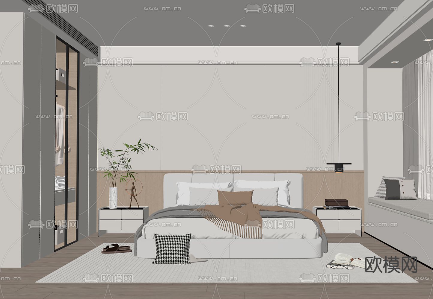 奶油风卧室su模型下载（渲染图2）