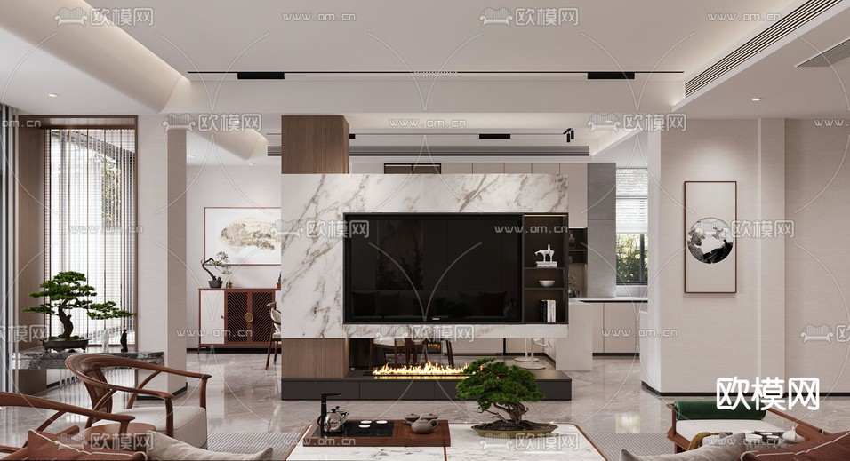 新中式客厅 餐厅3d模型下载(渲染图3)