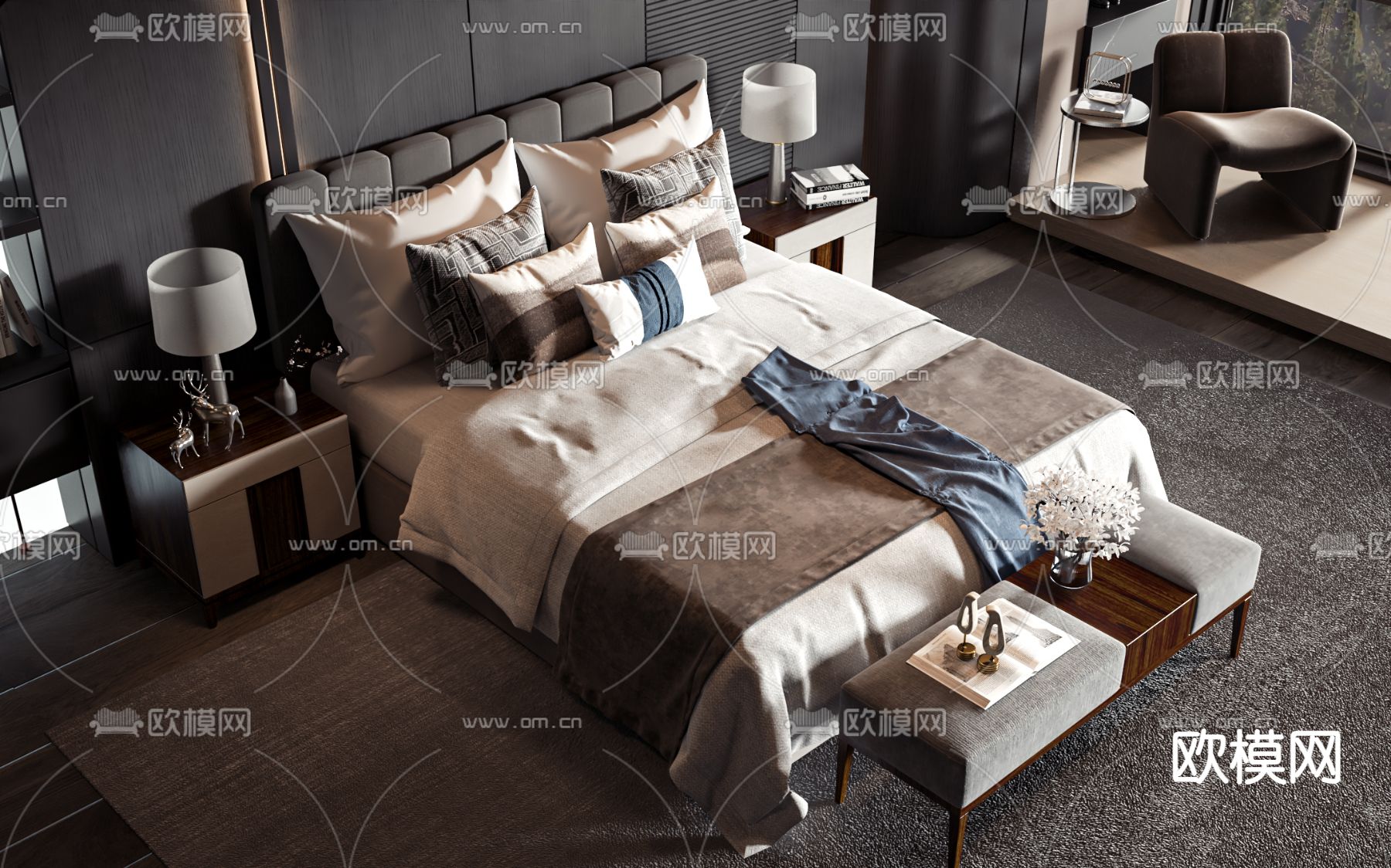 新中式双人床3d模型下载