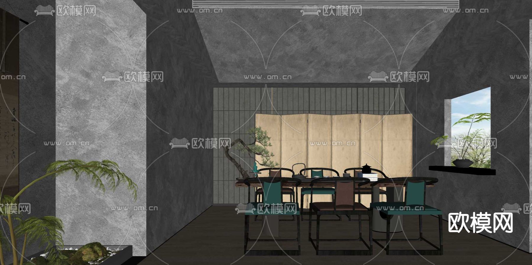 新中式茶馆su模型下载（渲染图2）
