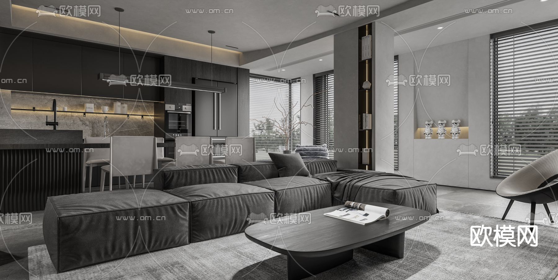 高级灰客厅 餐厅3d模型下载（渲染图3）